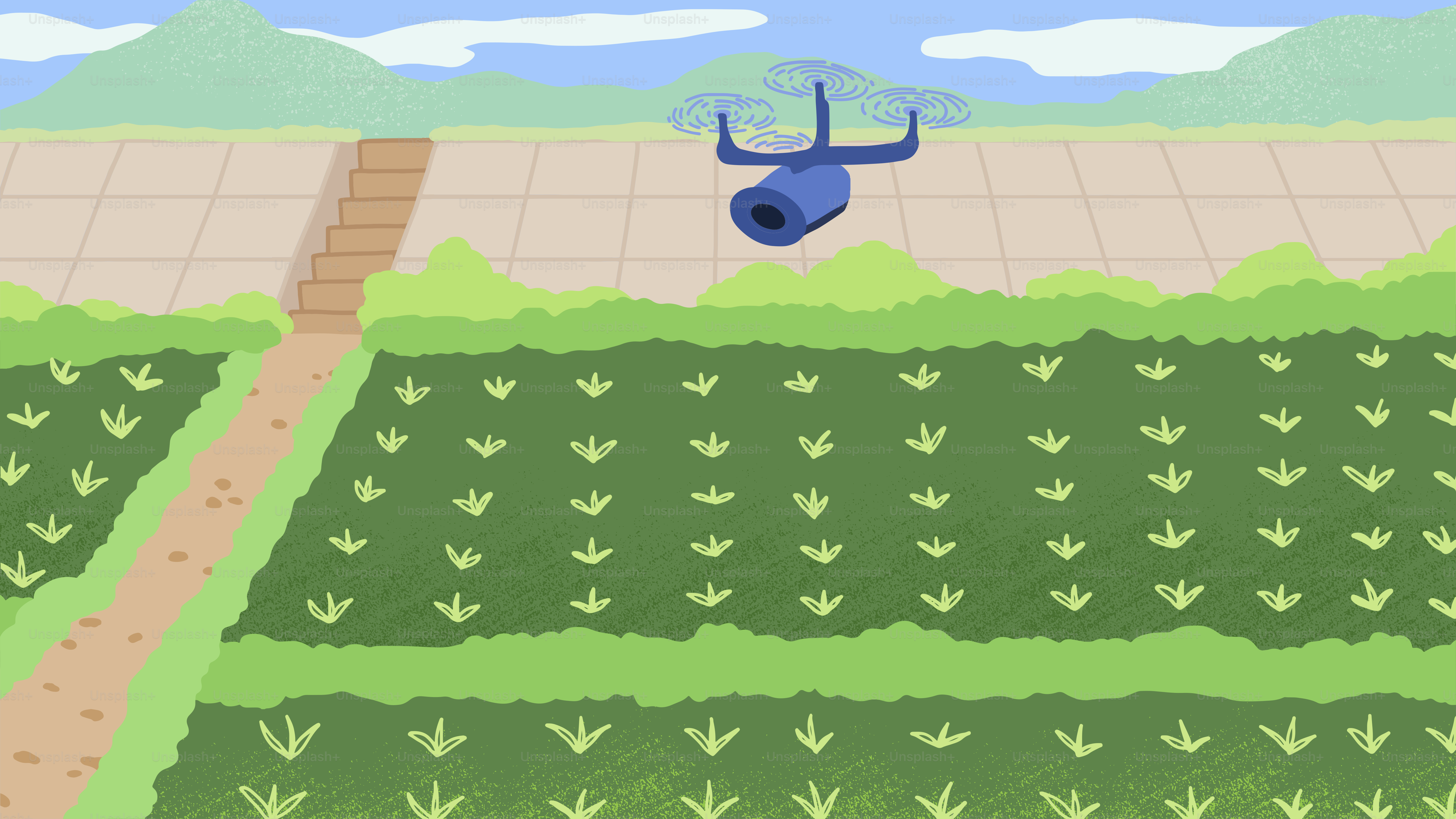 A blue helicopter flying over a lush green field
