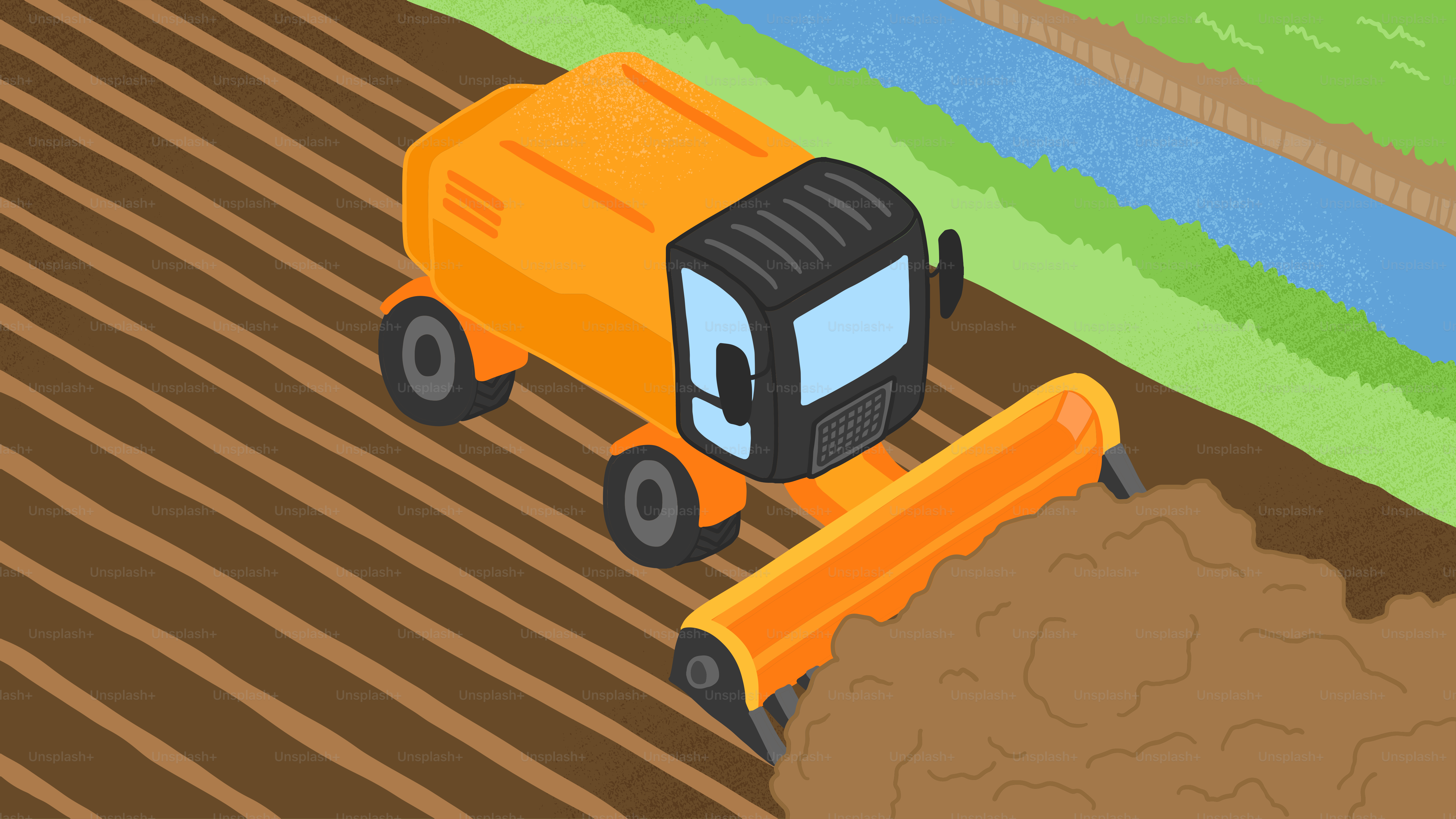 A cartoon of a tractor in a field