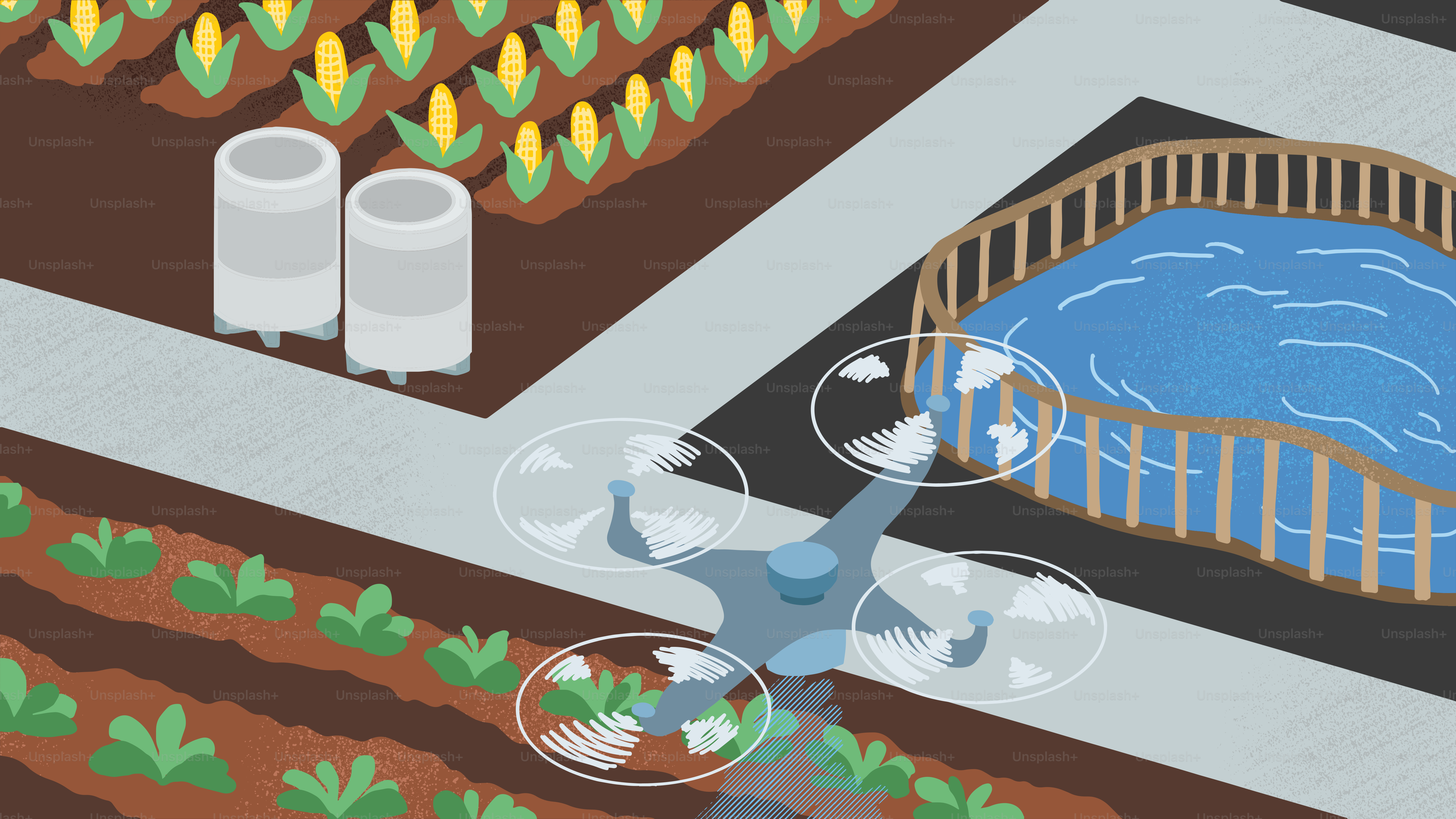 A computer generated image of a pool surrounded by plants