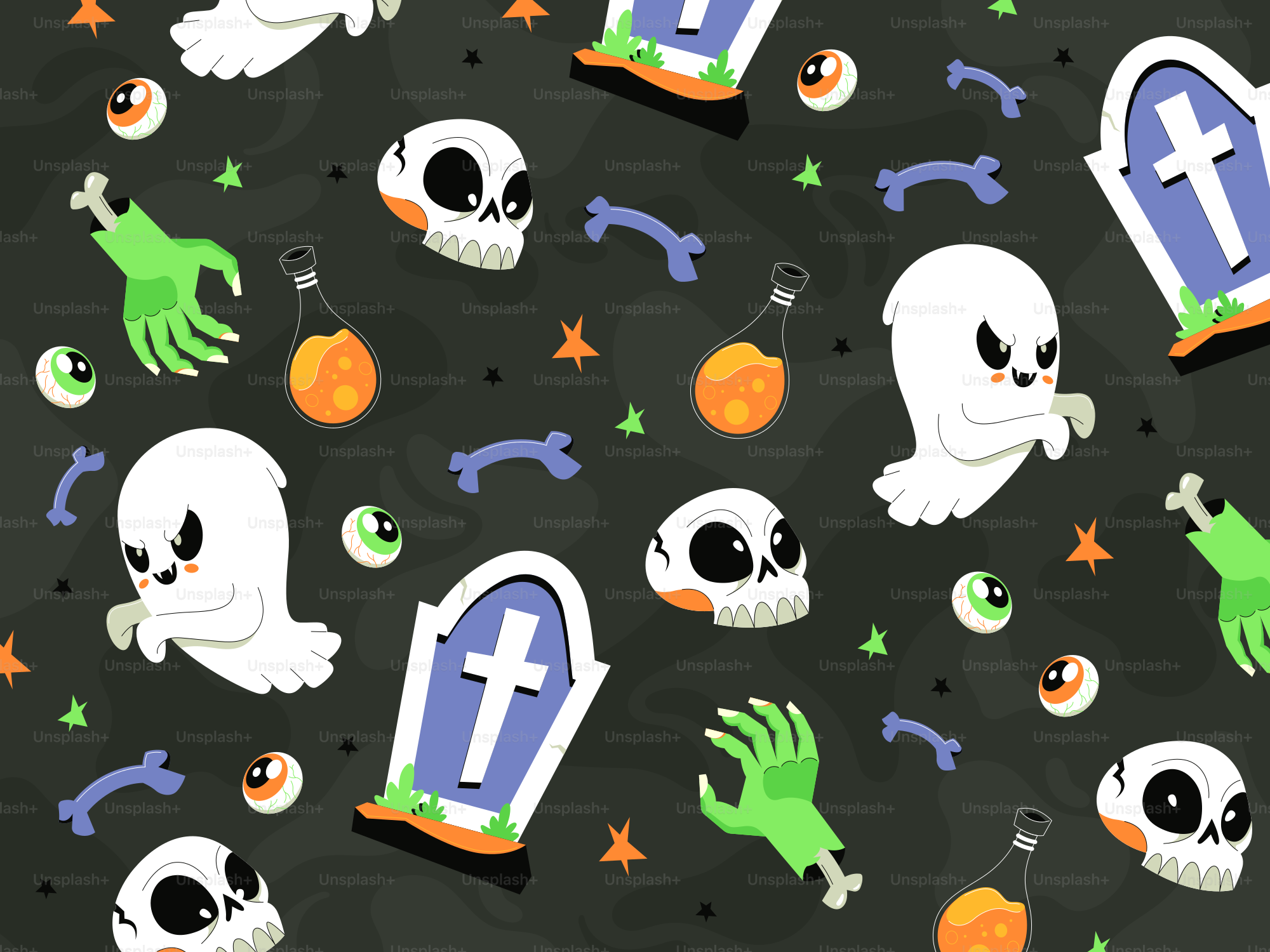 Un patrón de objetos temáticos de Halloween sobre un fondo negro