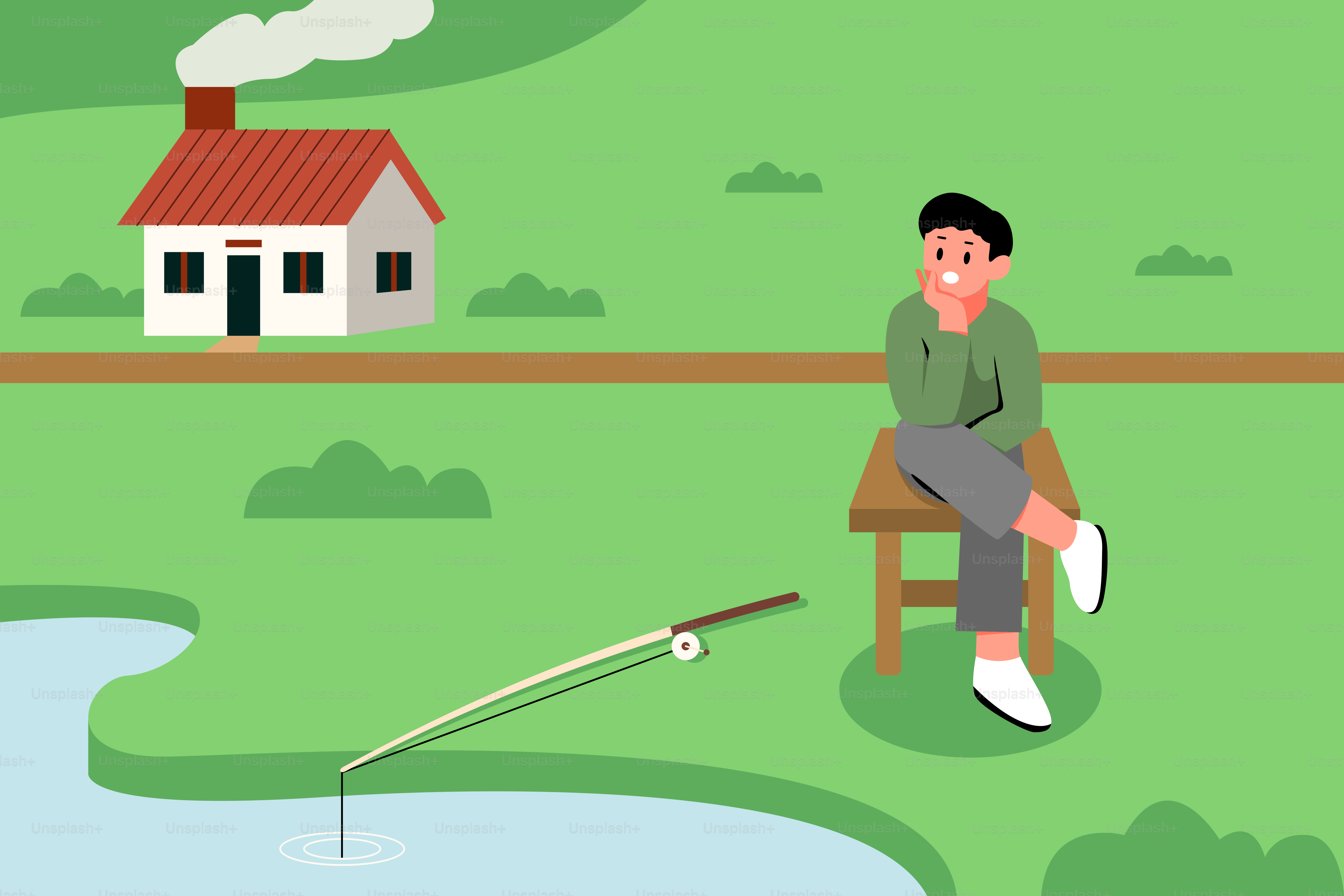 Ein Mann, der mit einer Angelrute auf einer Bank sitzt