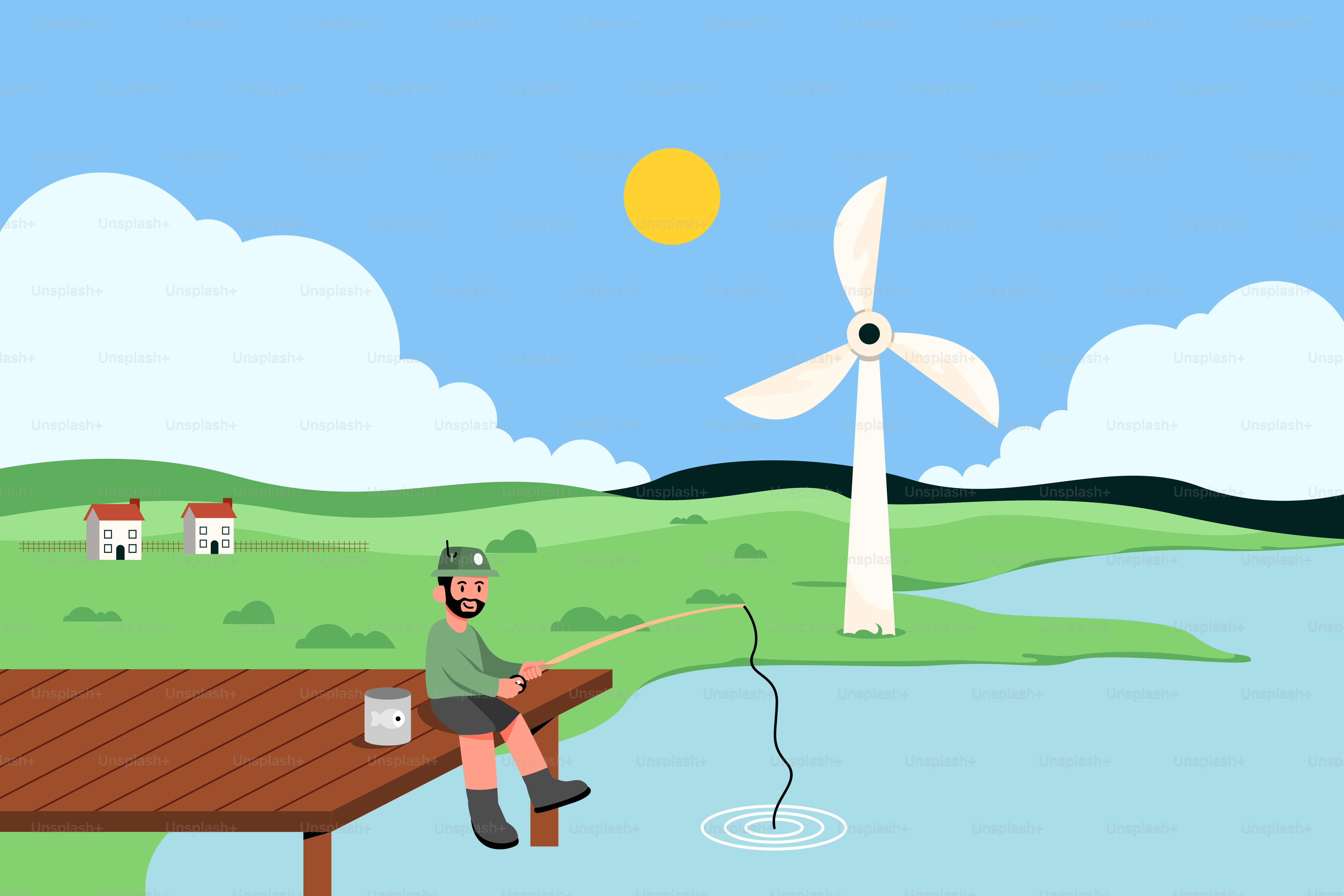 Ein Mann, der an einem See fischt, mit einer Windmühle im Hintergrund