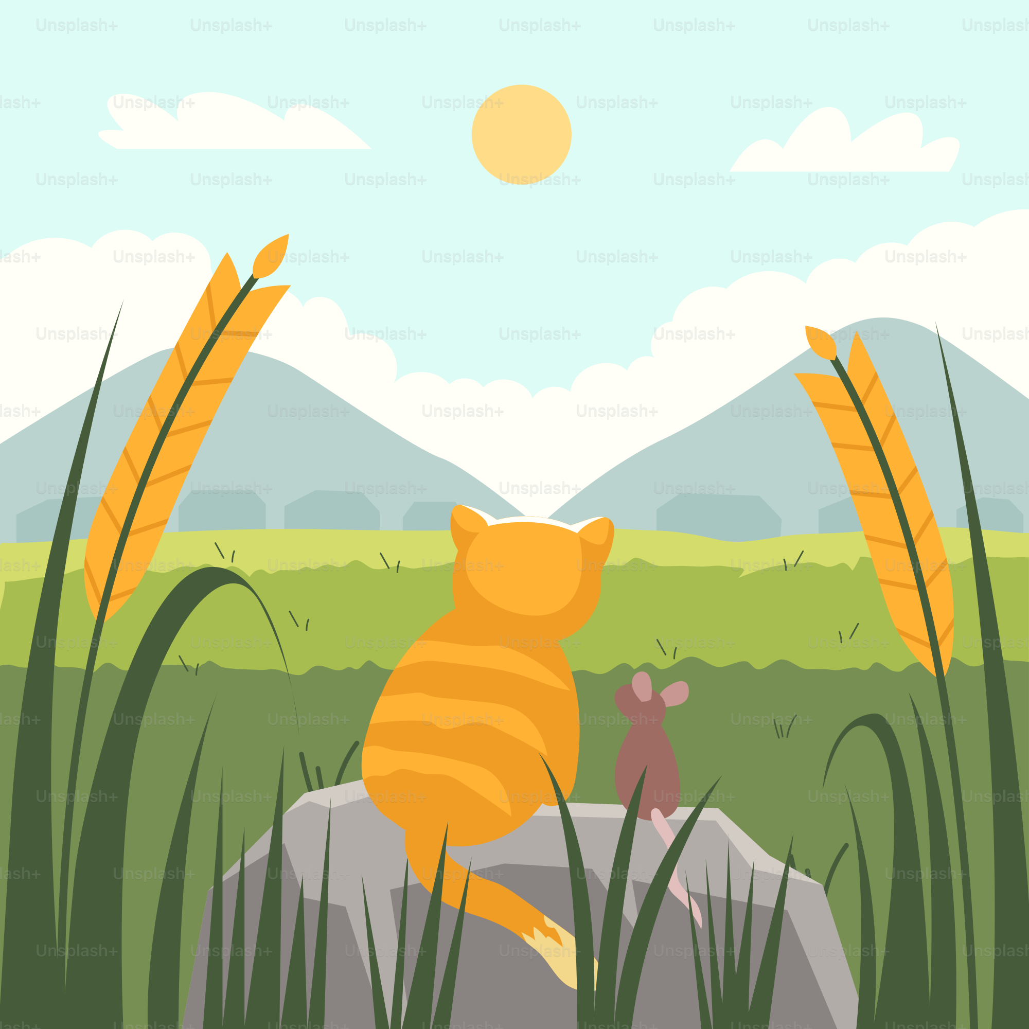 Un gato sentado en una roca en un campo