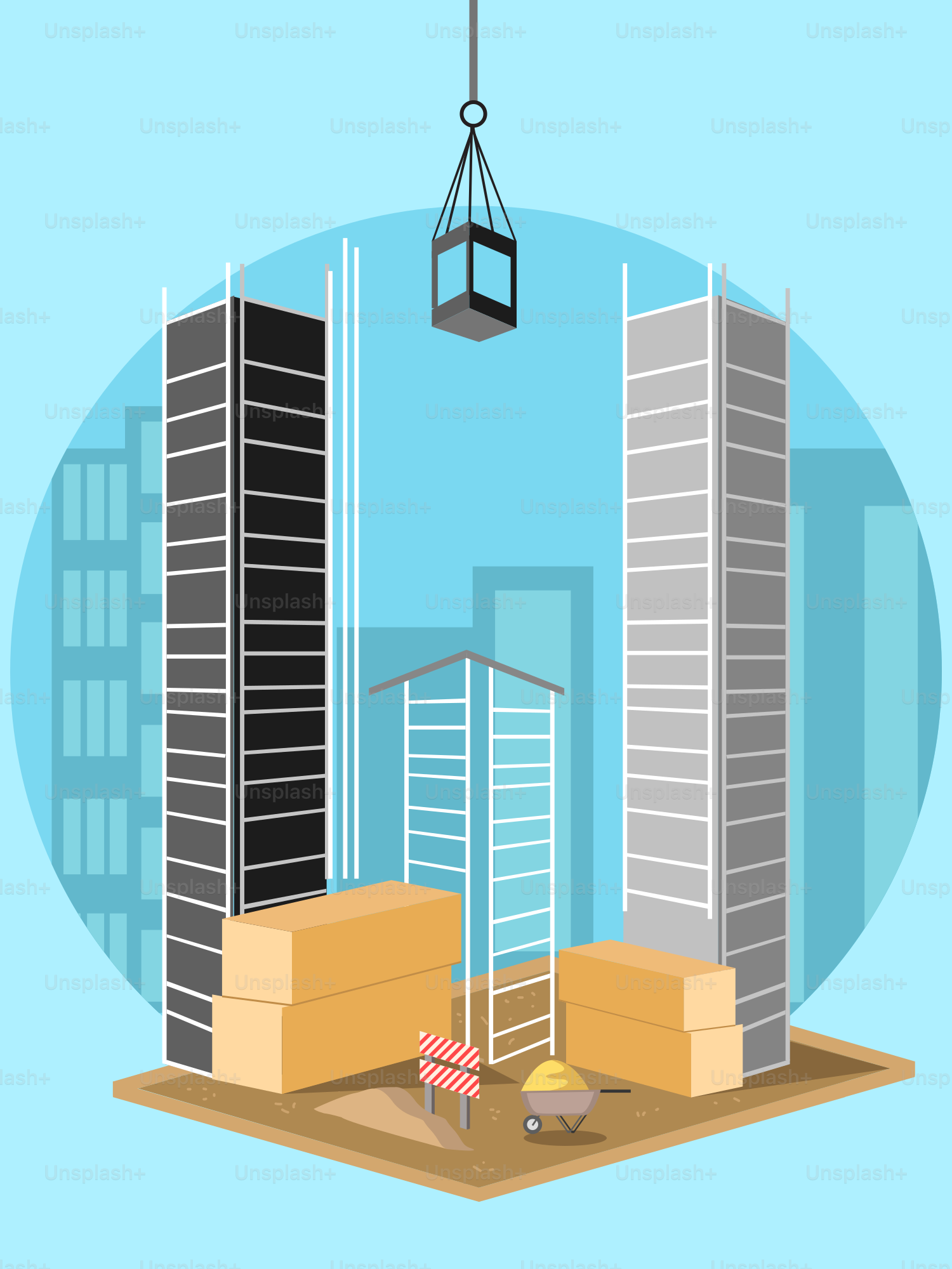 Una grúa cuelga sobre una ciudad con cajas