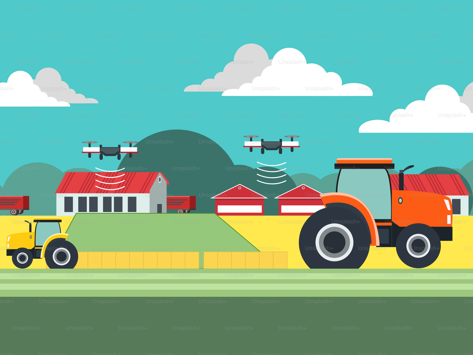 A farm scene with a tractor and farm buildings