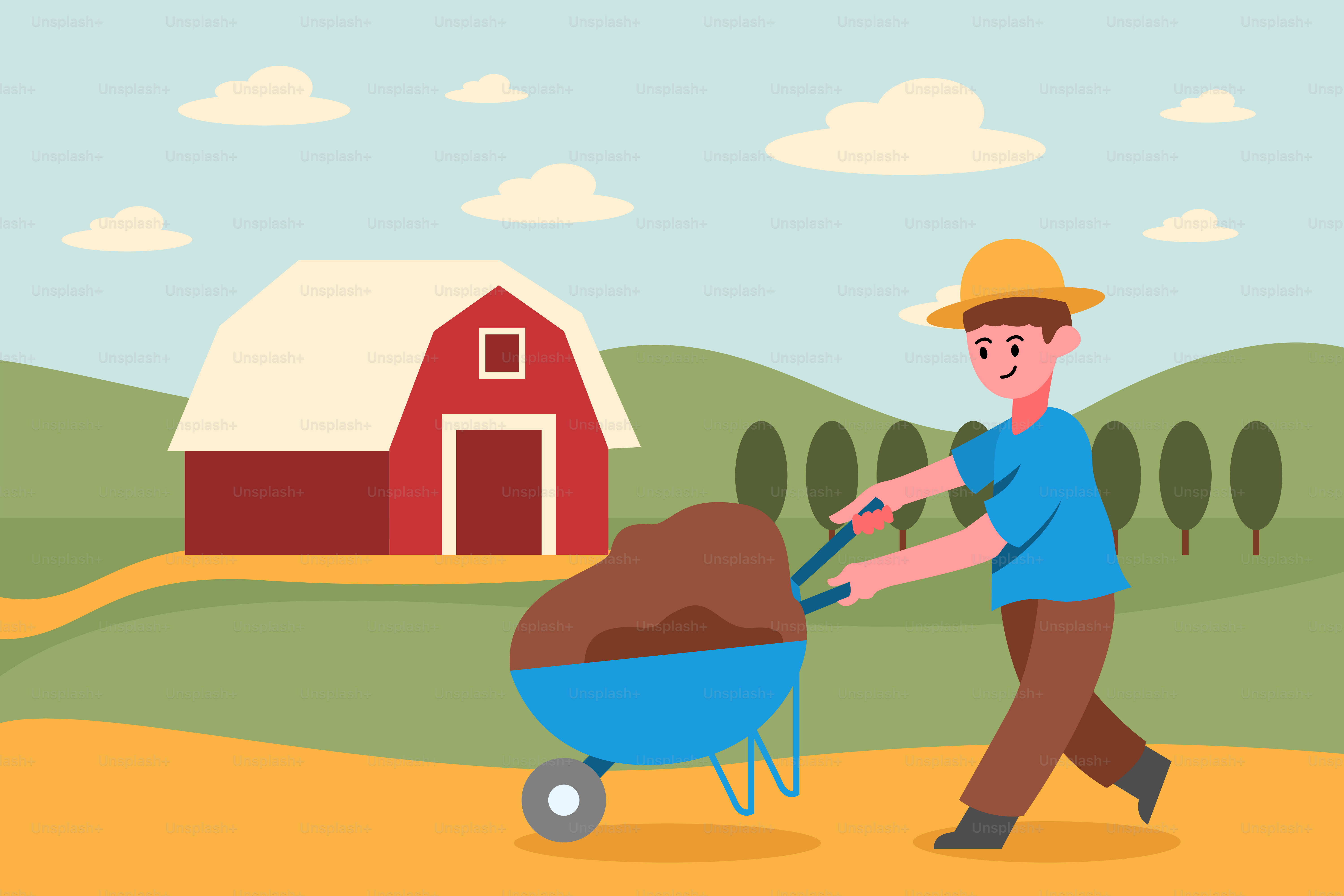 Un homme poussant une brouette pleine de terre