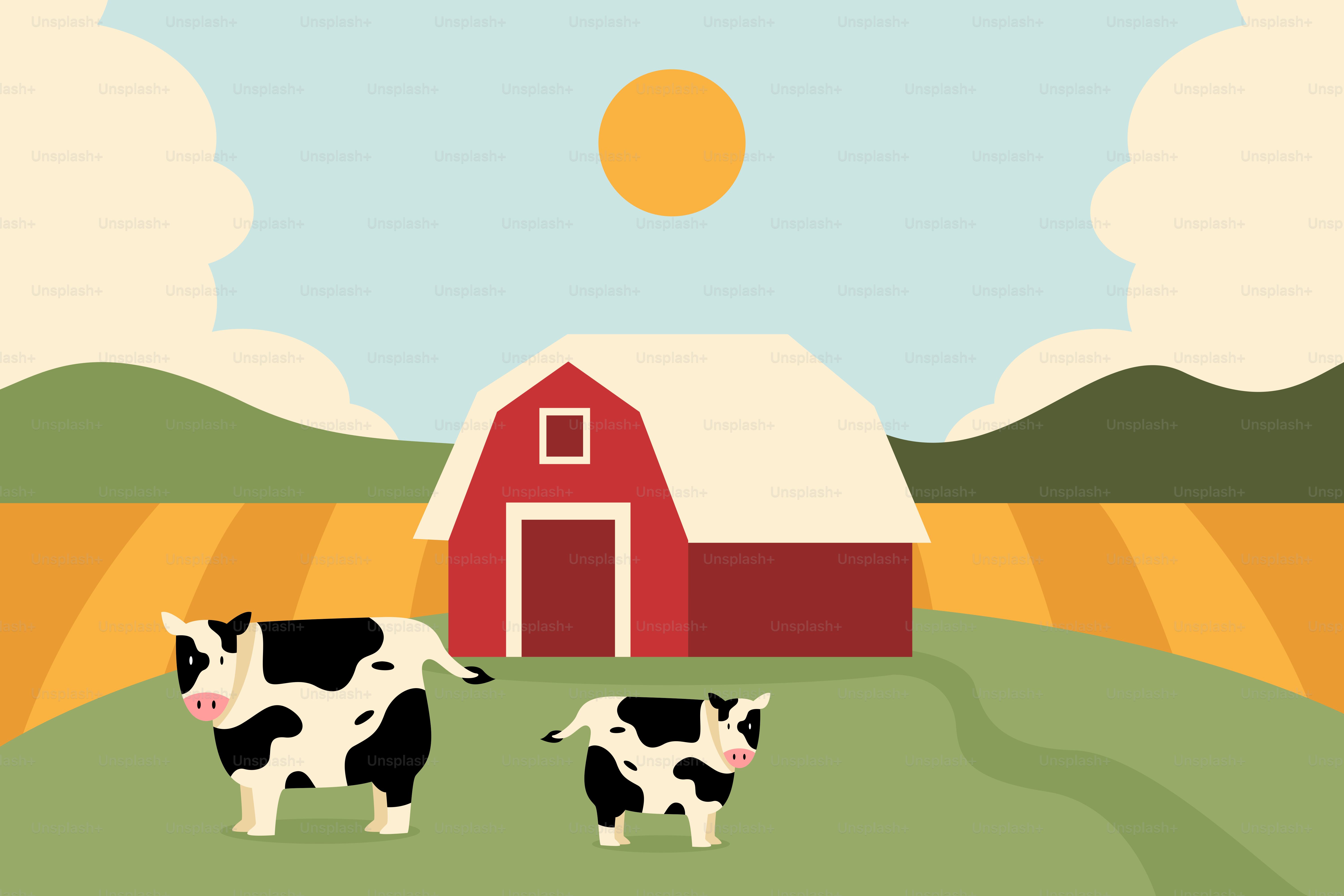 A couple of cows standing on top of a lush green field