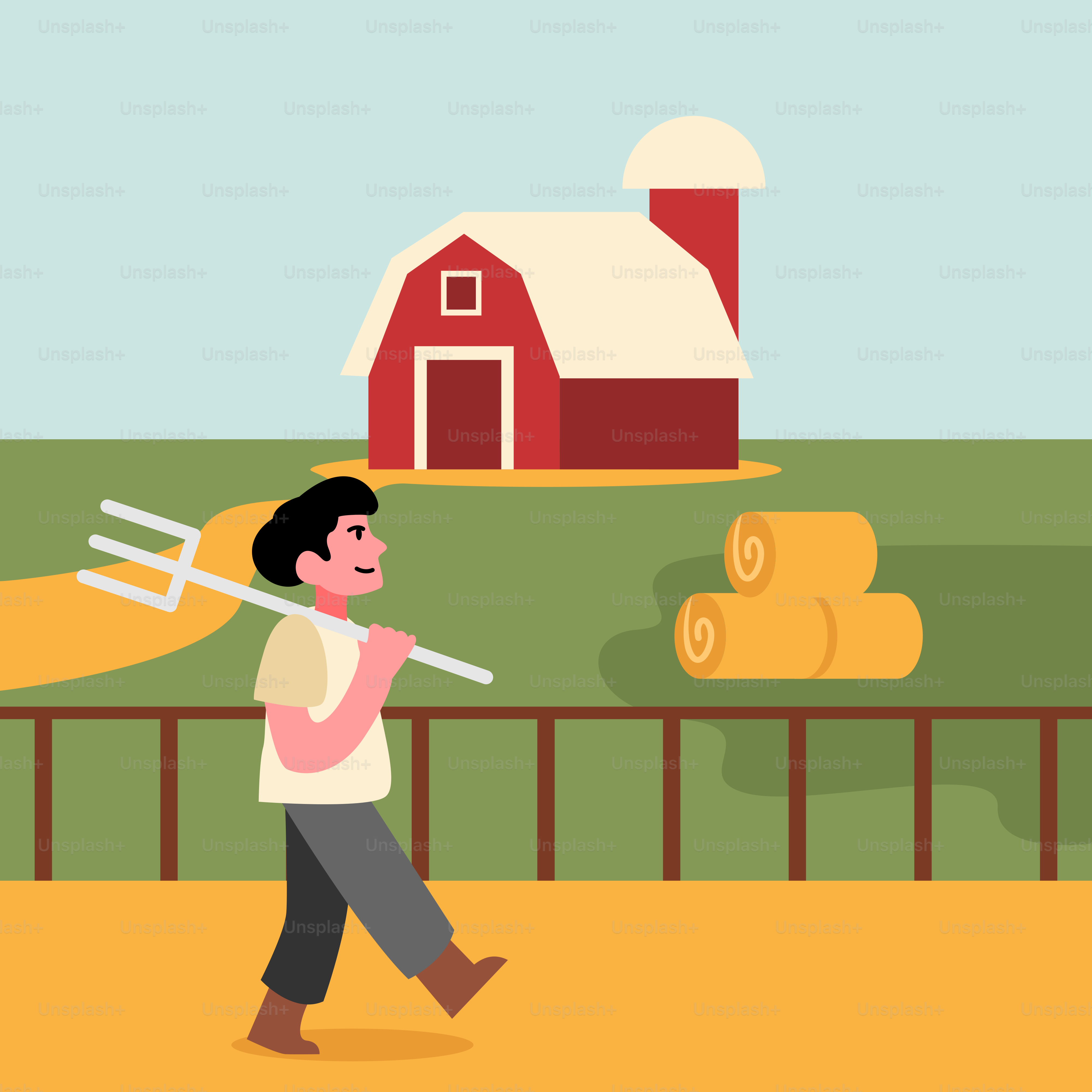 A man walking down a street past a red barn