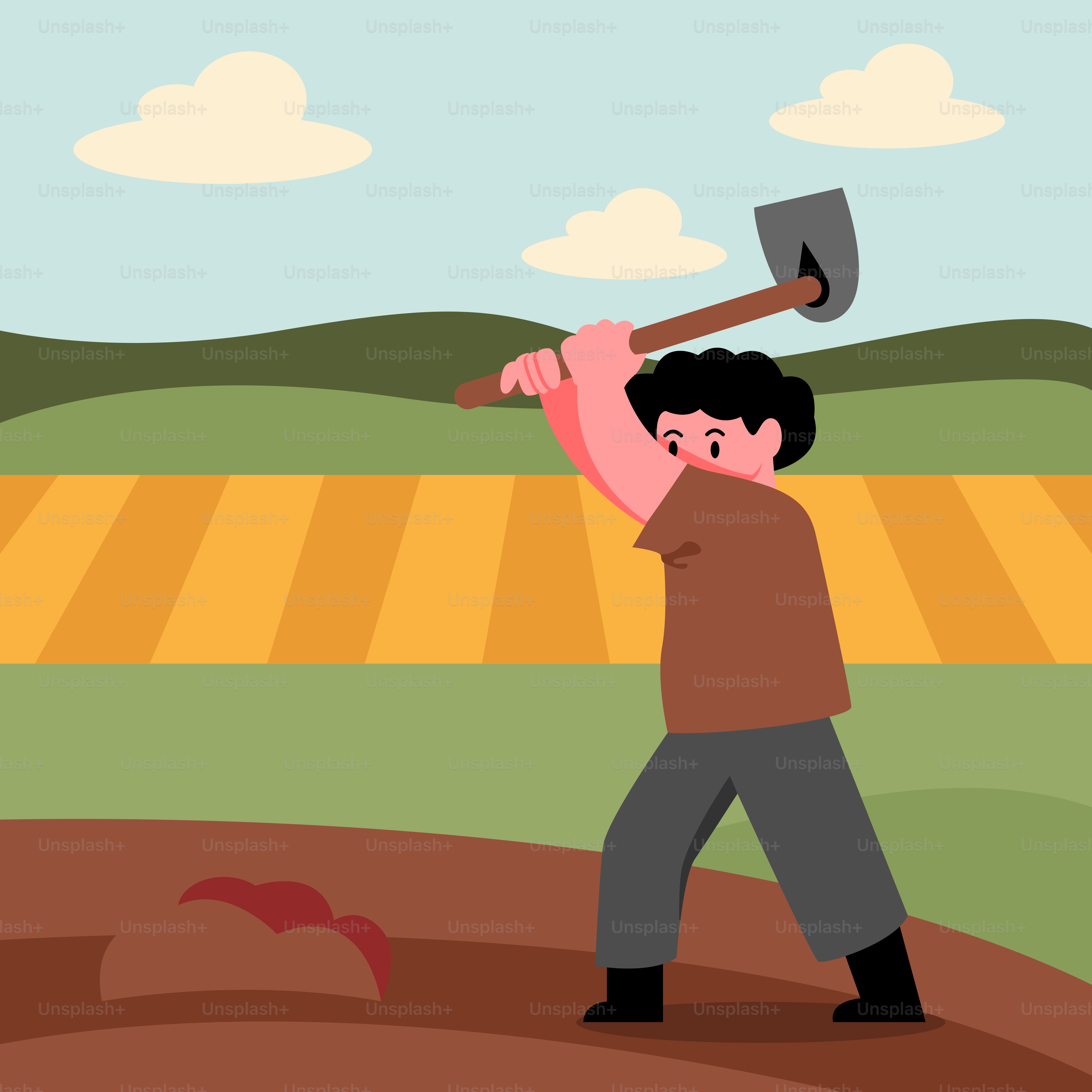 Um homem segurando um martelo sobre sua cabeça em um campo