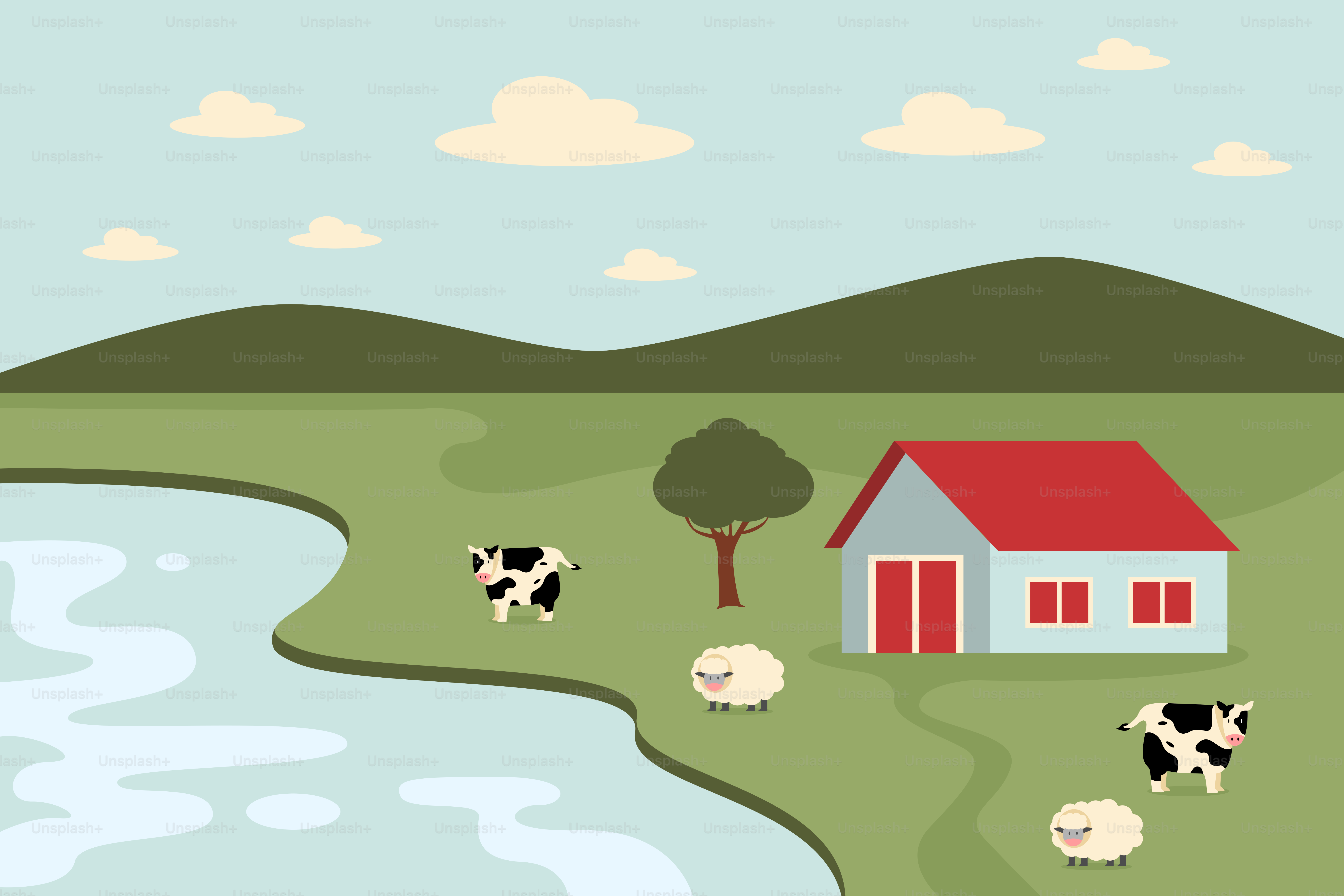 A house with a red roof is surrounded by cows