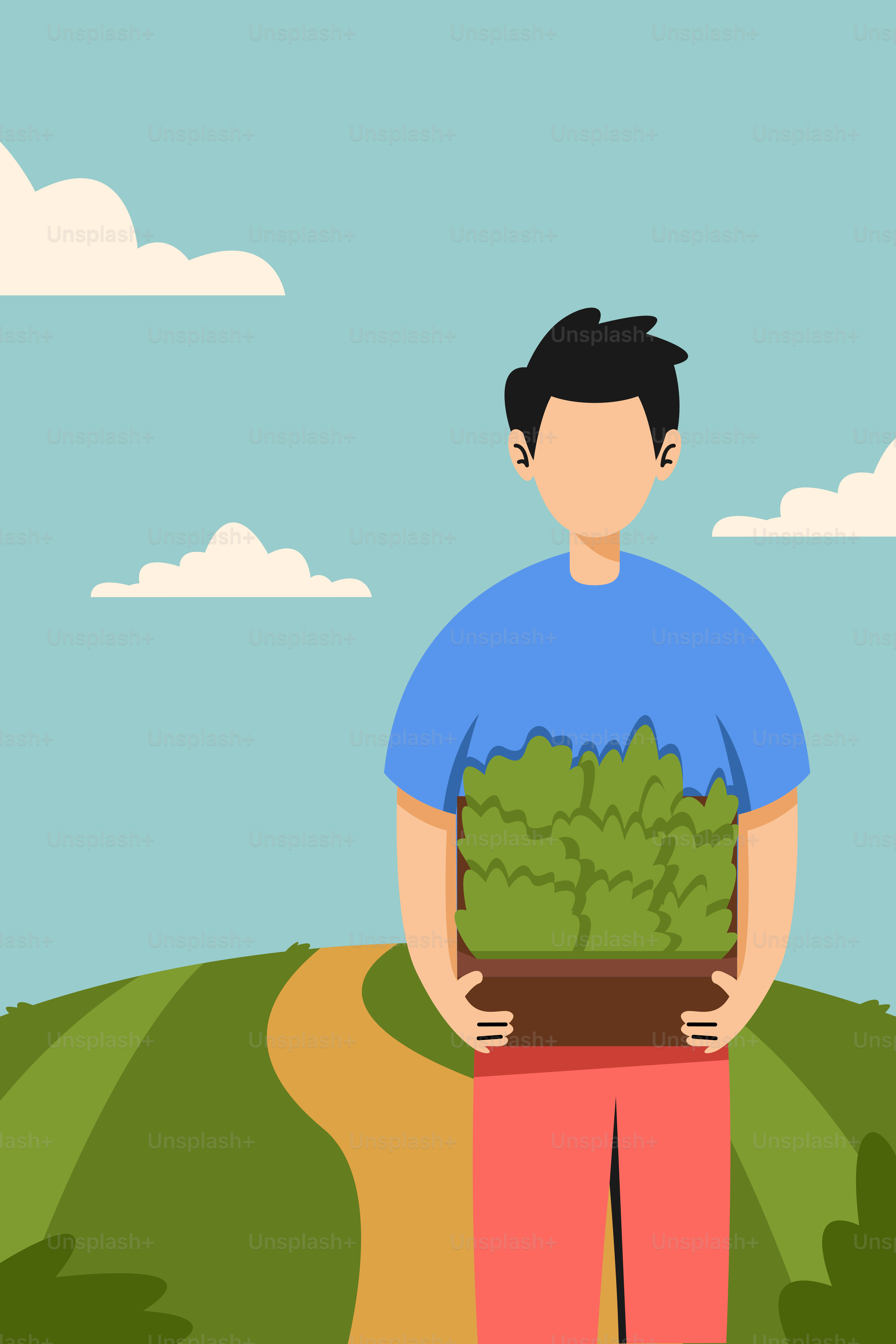 Ein Mann, der eine Topfpflanze auf einer Schotterstraße hält