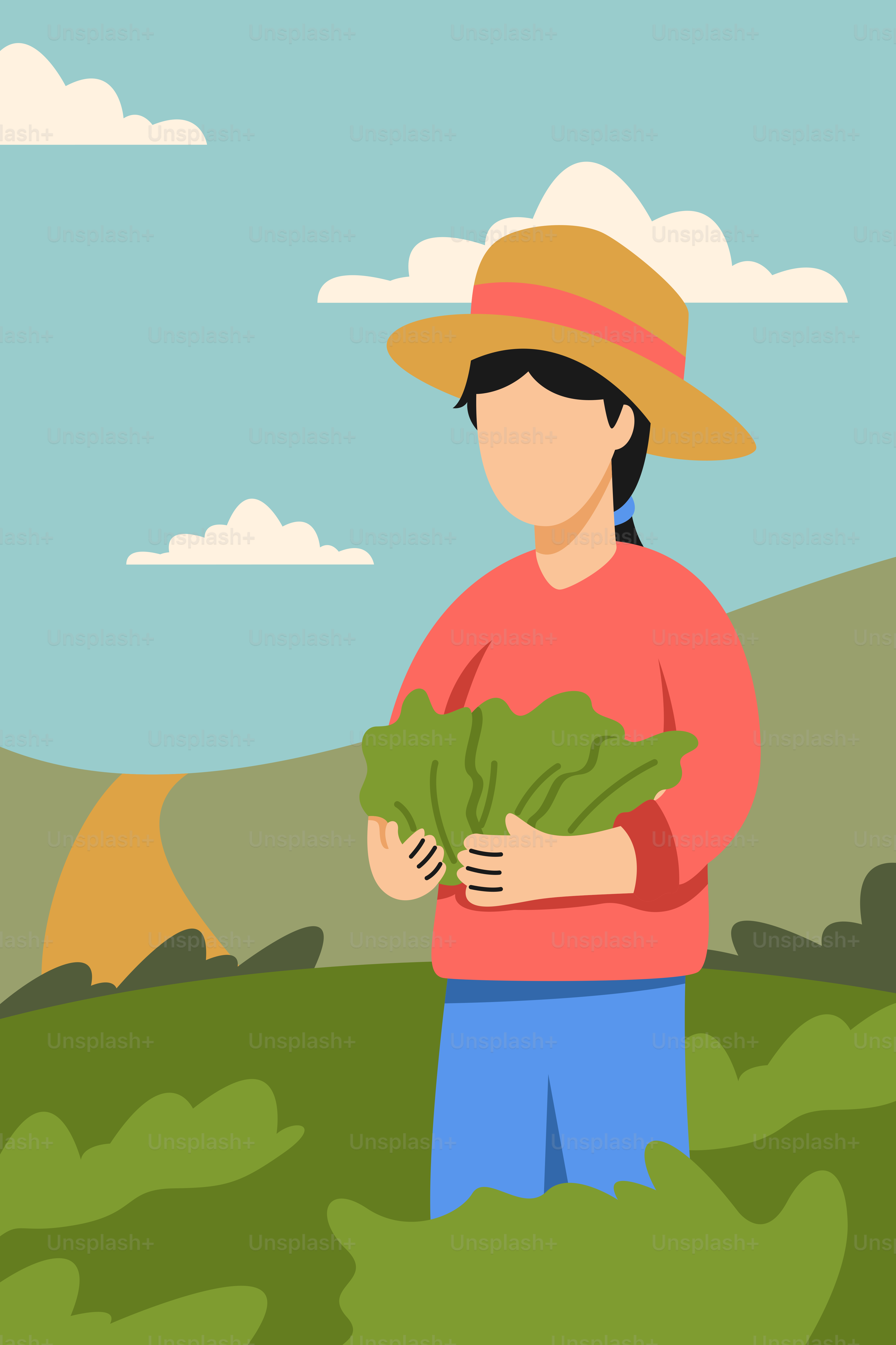 Ein Mann, der auf einem Feld steht und ein Bündel Salat in der Hand hält