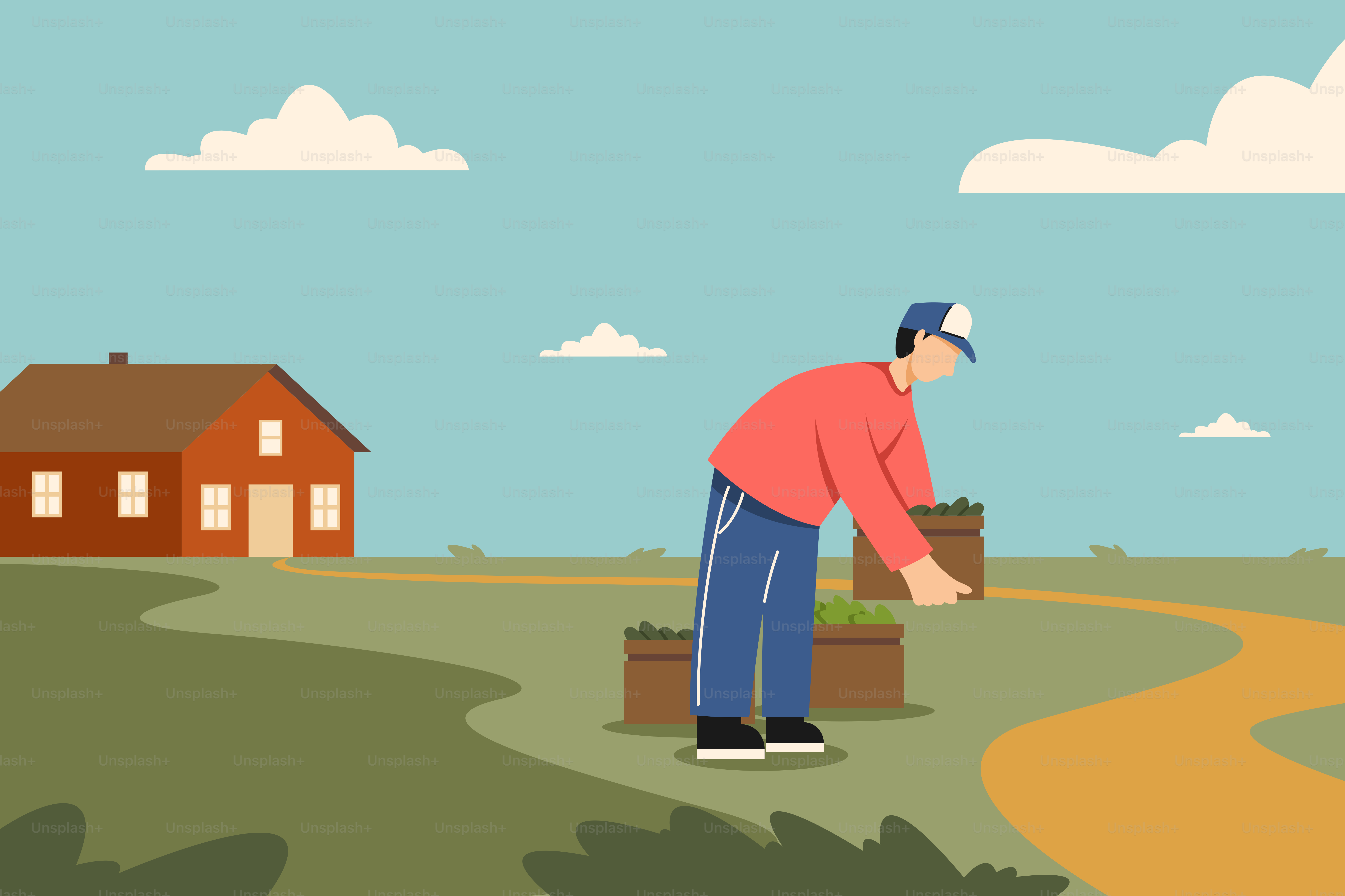 Ein Mann, der mit einer Kiste voller Pflanzen auf einem Feld steht