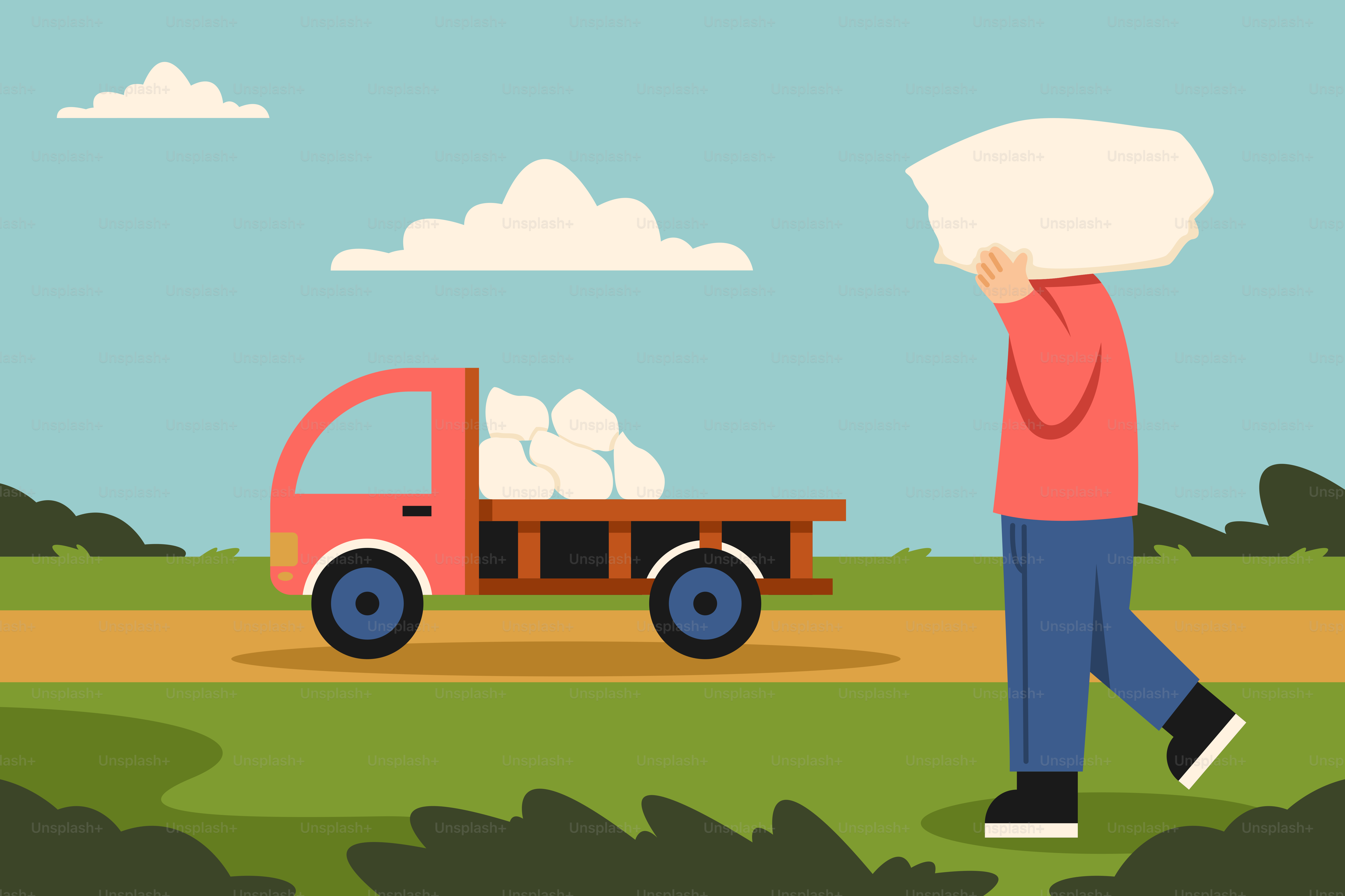 Ein Mann, der über ein Feld neben einem roten Lastwagen geht