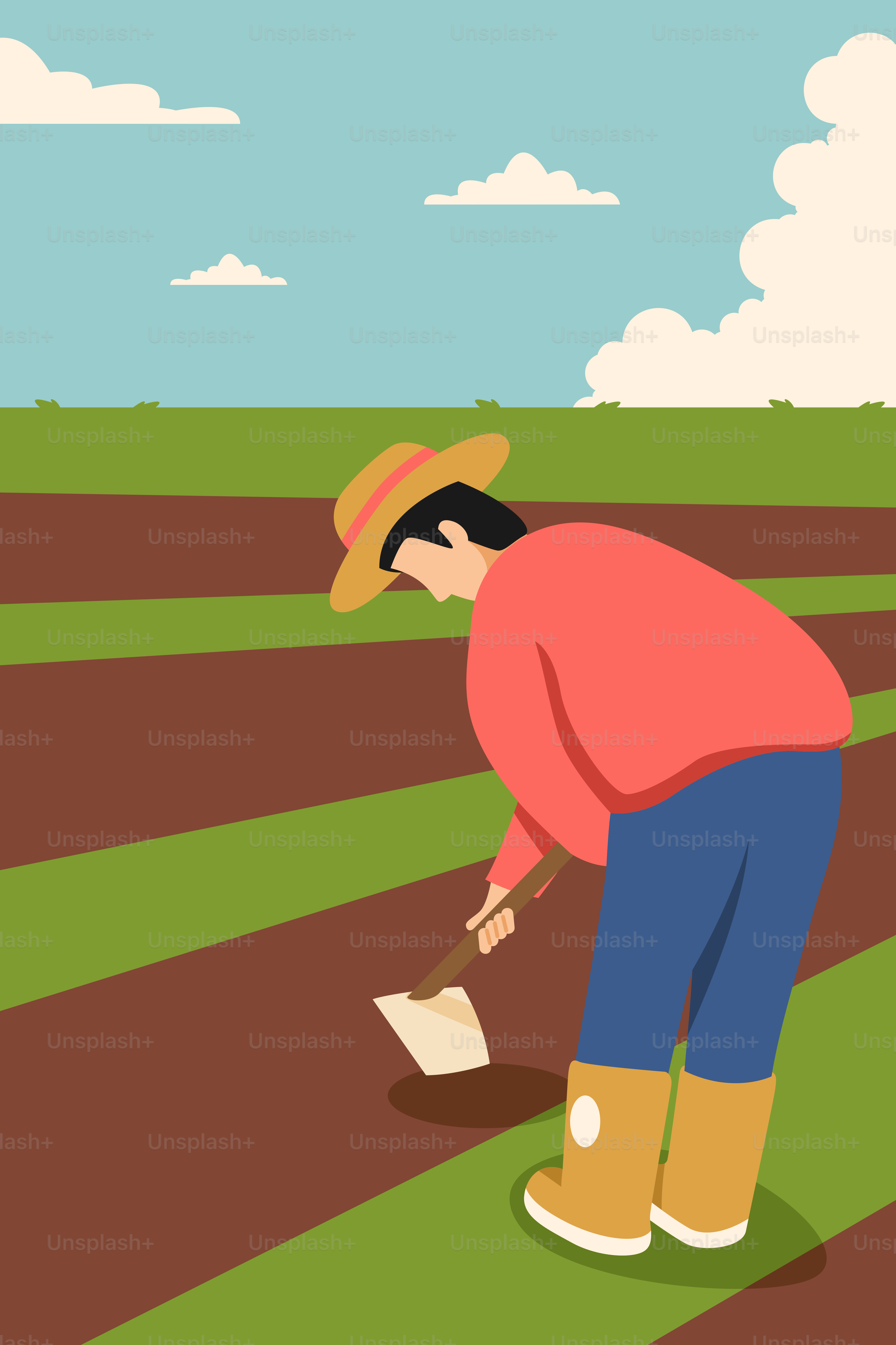 A man in a red shirt and blue pants standing in a field
