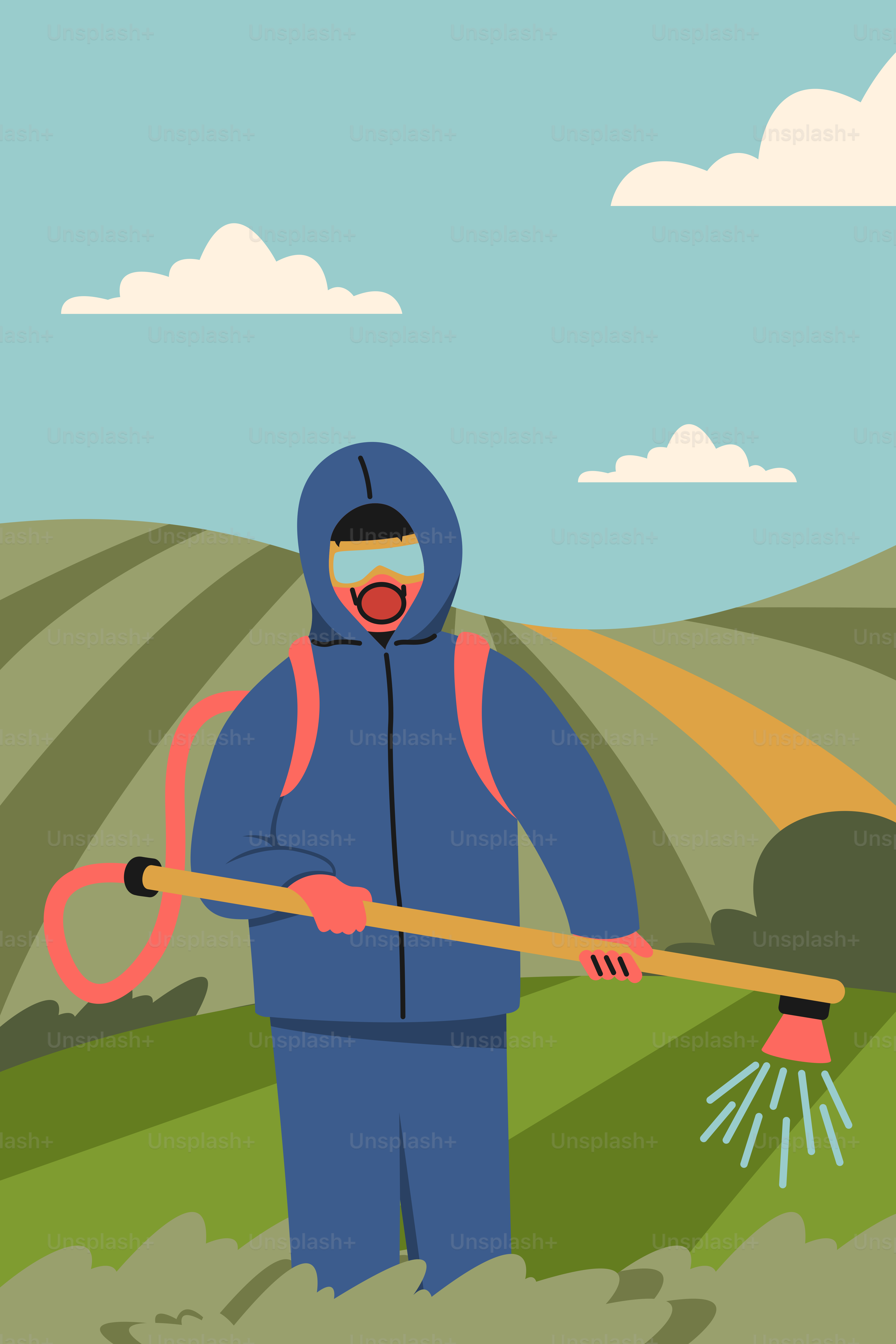 A man in a blue raincoat is holding a rake