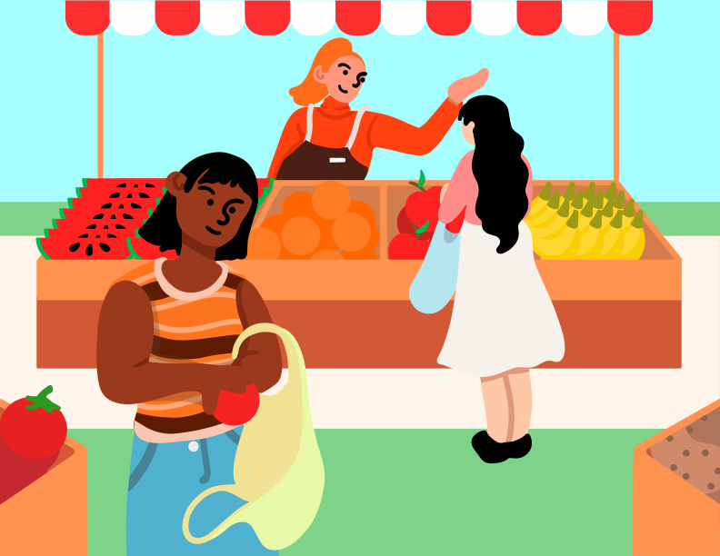 A man and a woman standing in front of a fruit stand