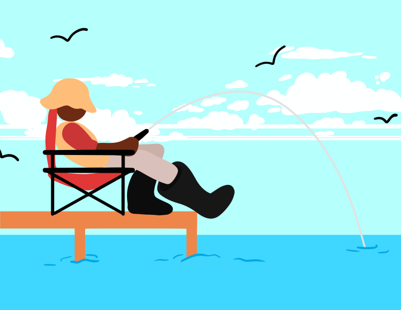 A man sitting in a chair on top of a pier