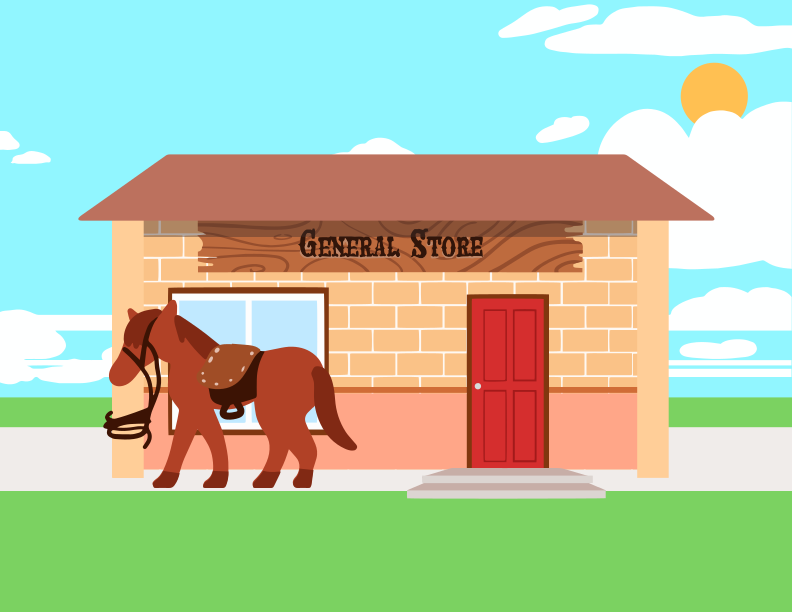 A horse that is standing in front of a building