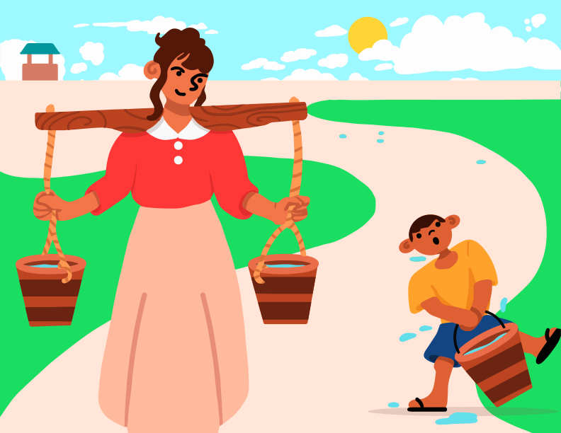 Une femme portant deux seaux sur les épaules