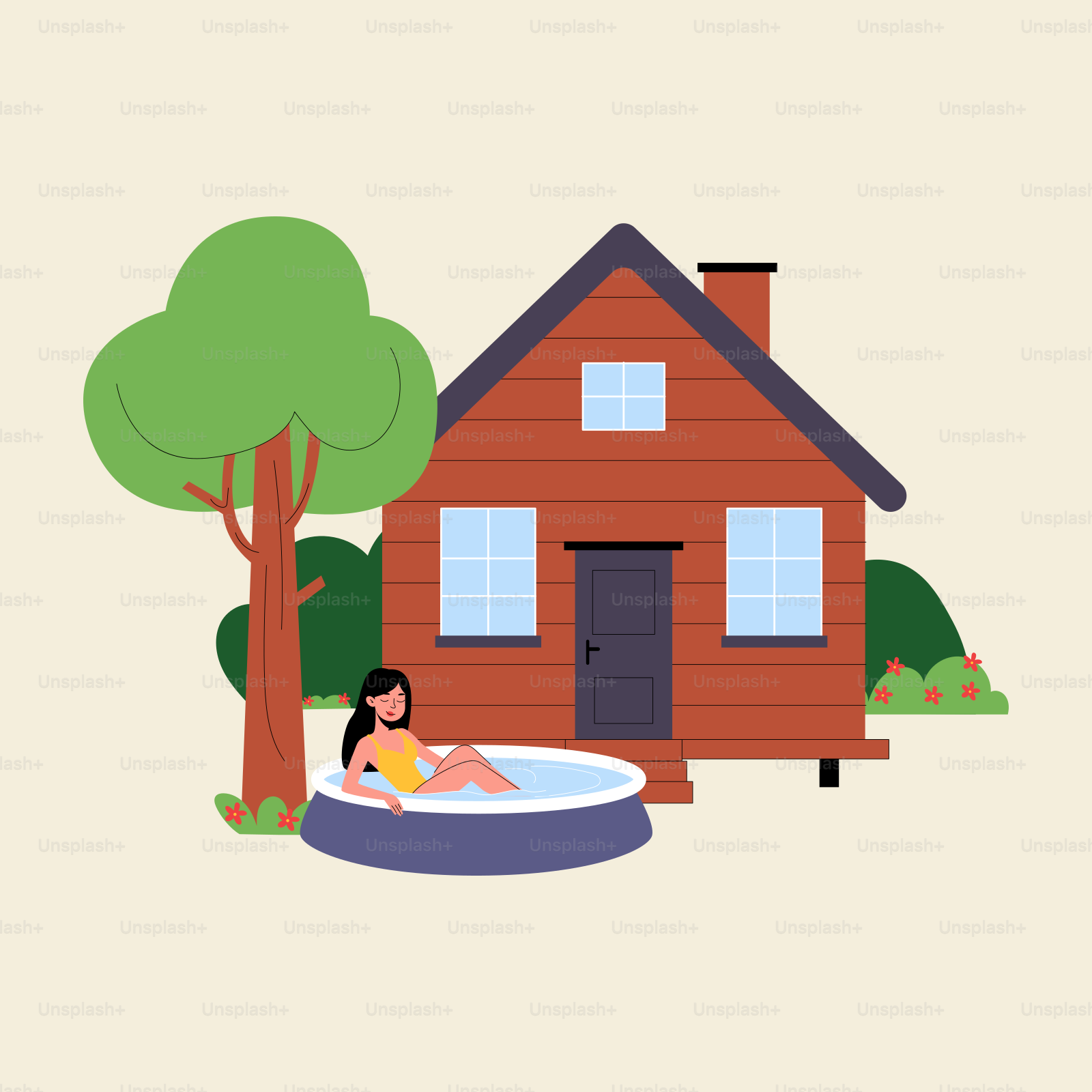 Une femme allongée dans une piscine devant une maison