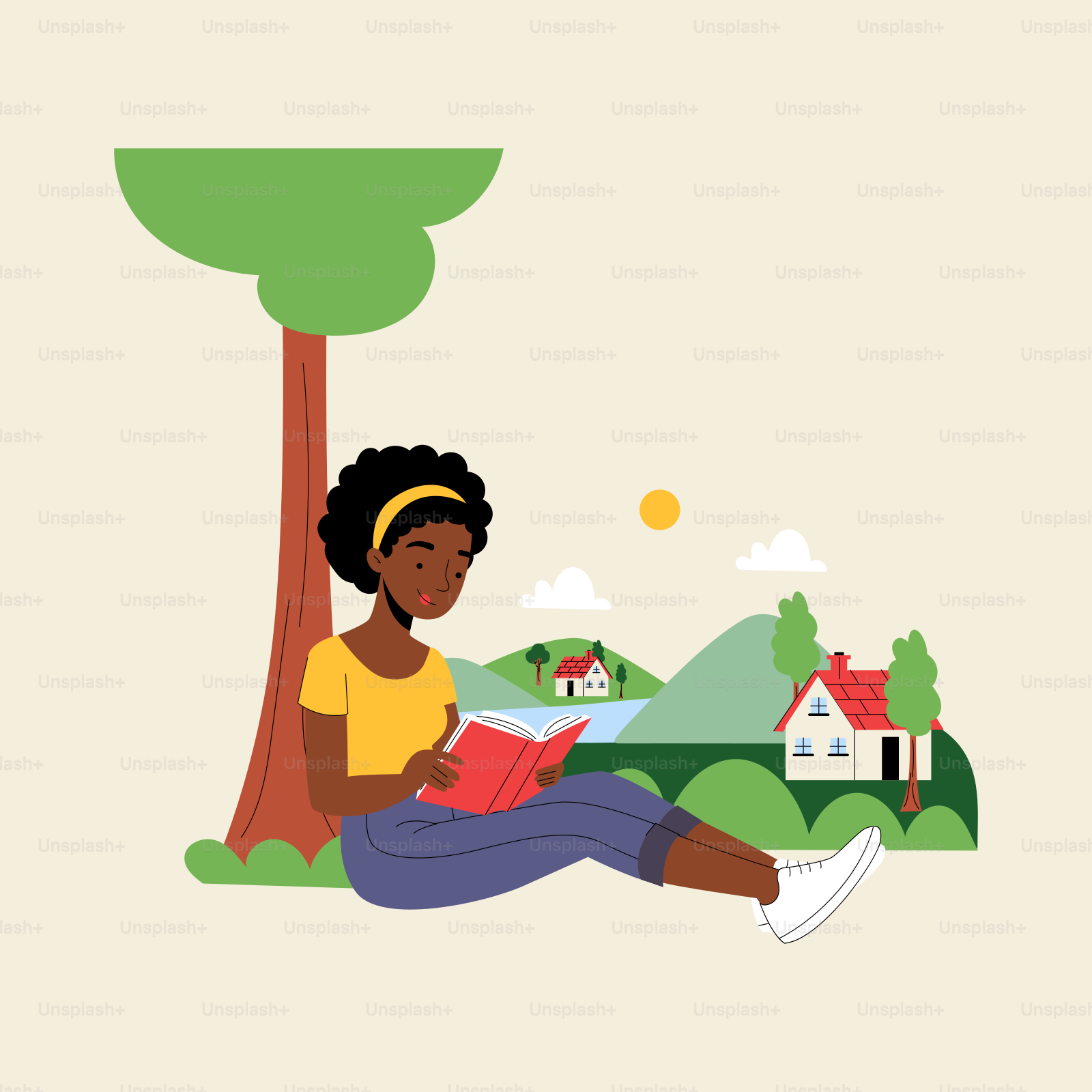 Eine Frau, die unter einem Baum sitzt und ein Buch liest