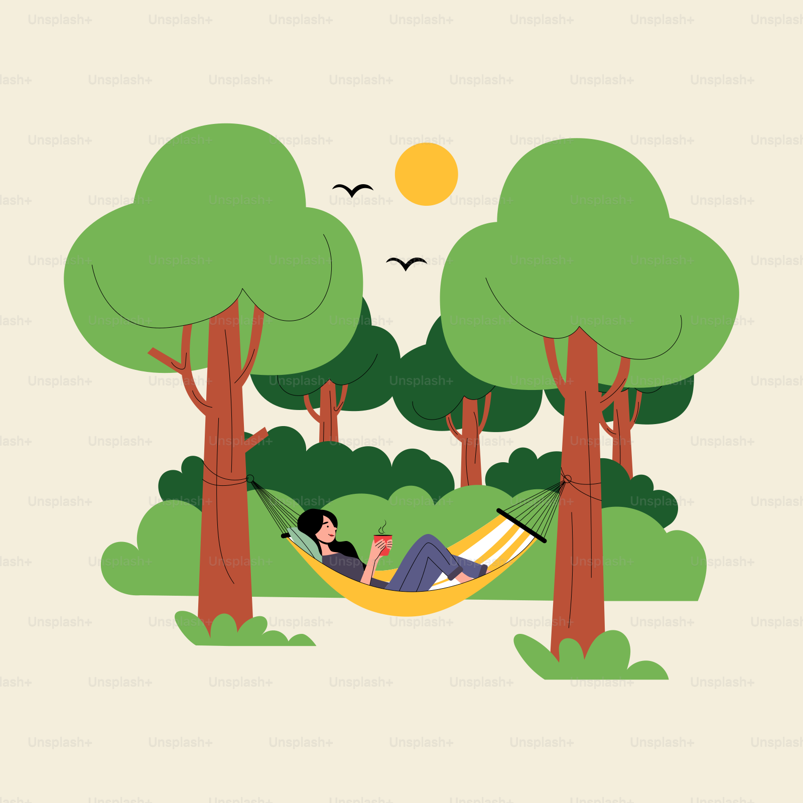 A couple of people laying in a hammock in a forest