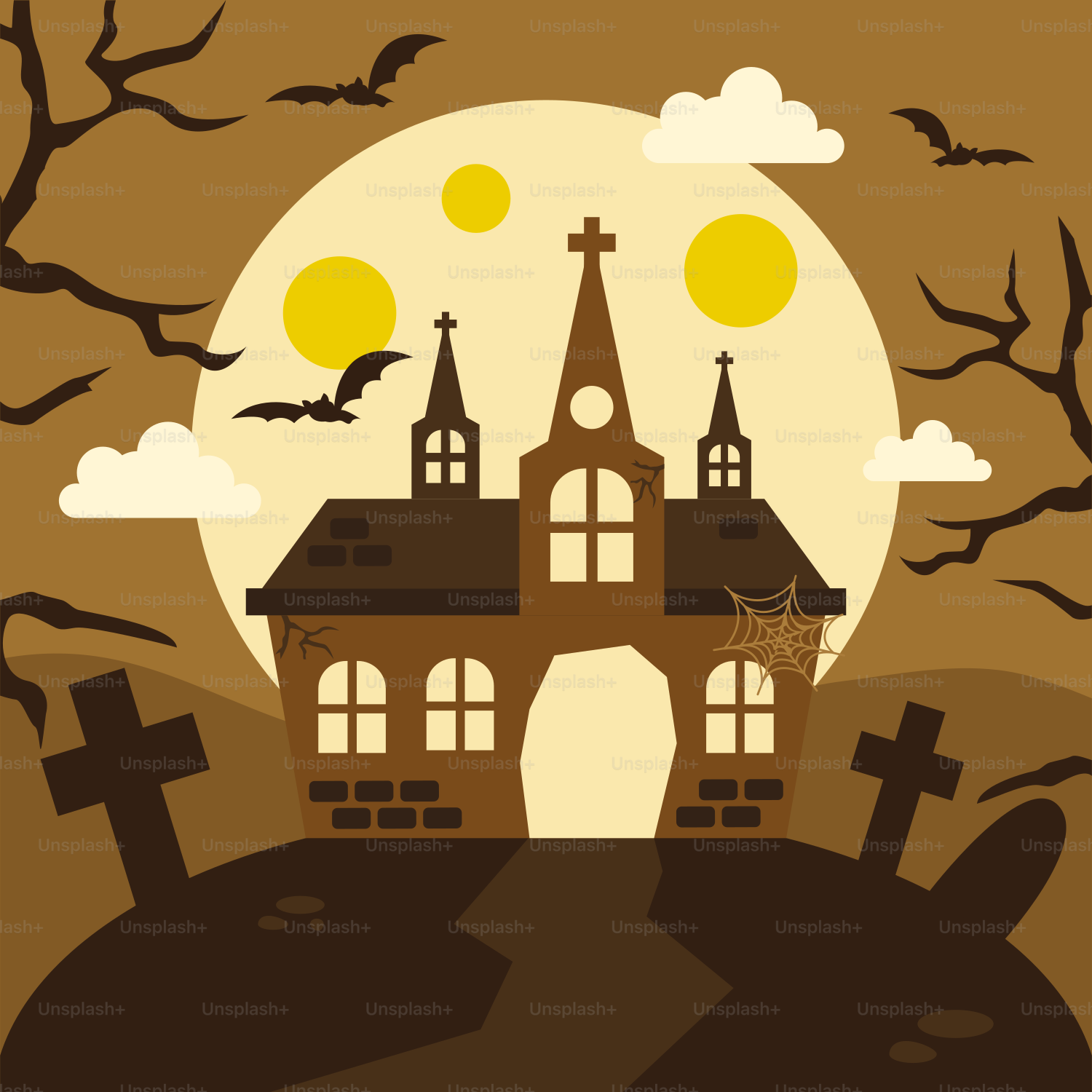 Uma igreja com um cemitério em frente à lua cheia