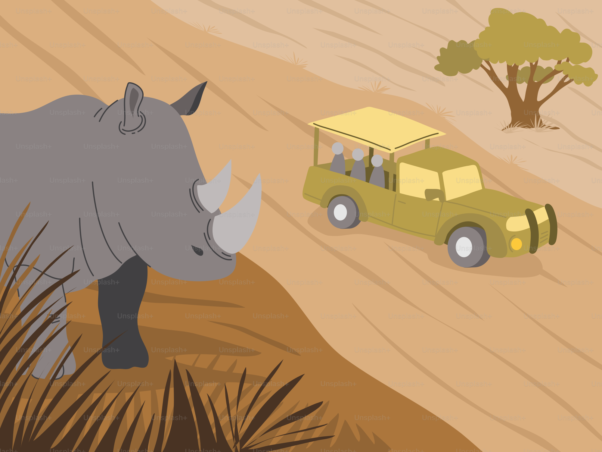 A rhino and a car in the desert