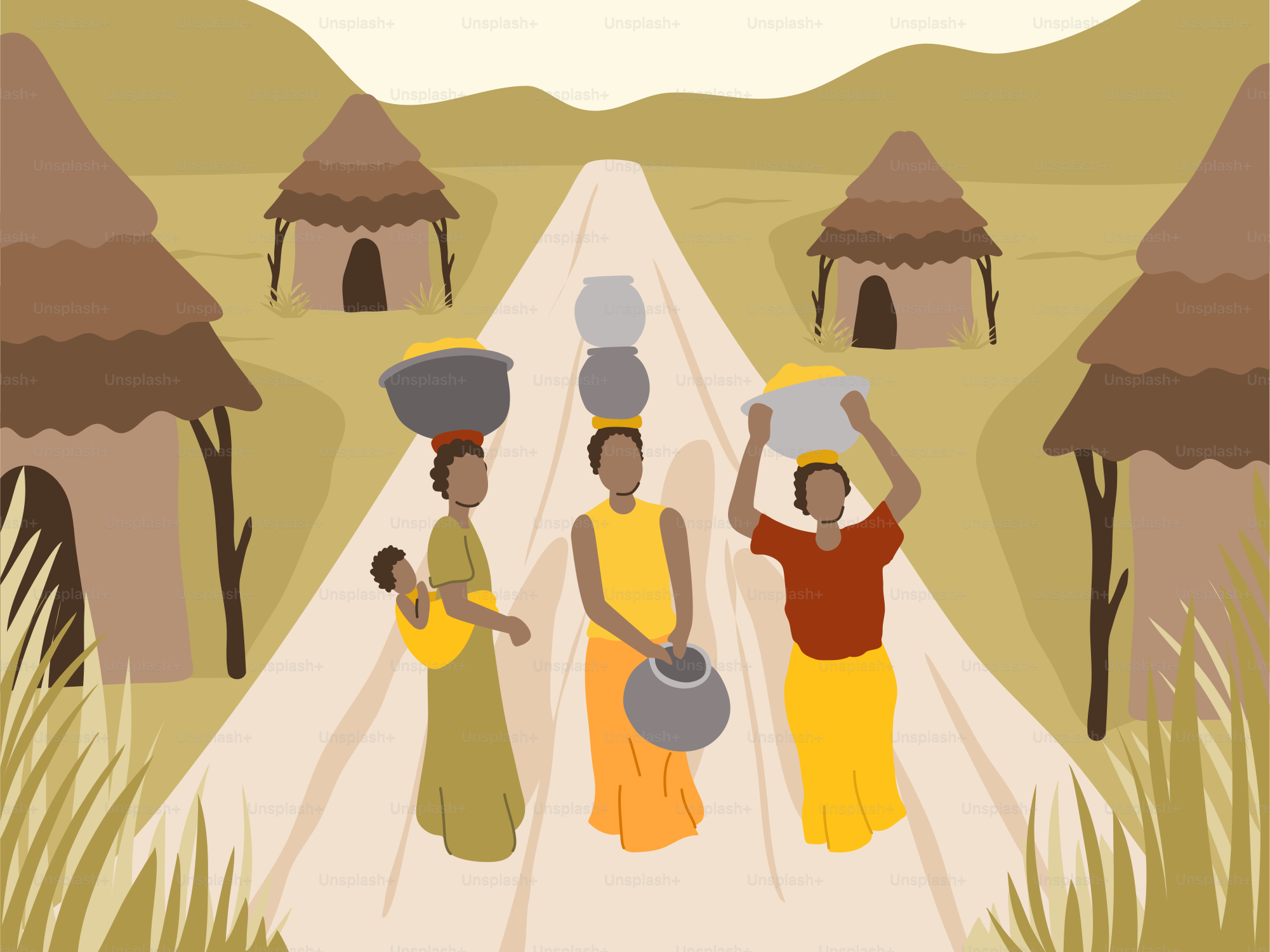 A group of people walking down a road