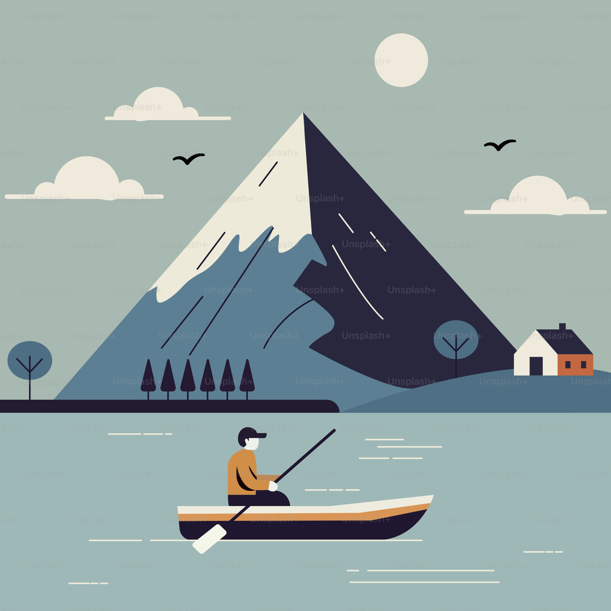 Ein Mann in einem Boot auf einem See mit einem Berg im Hintergrund