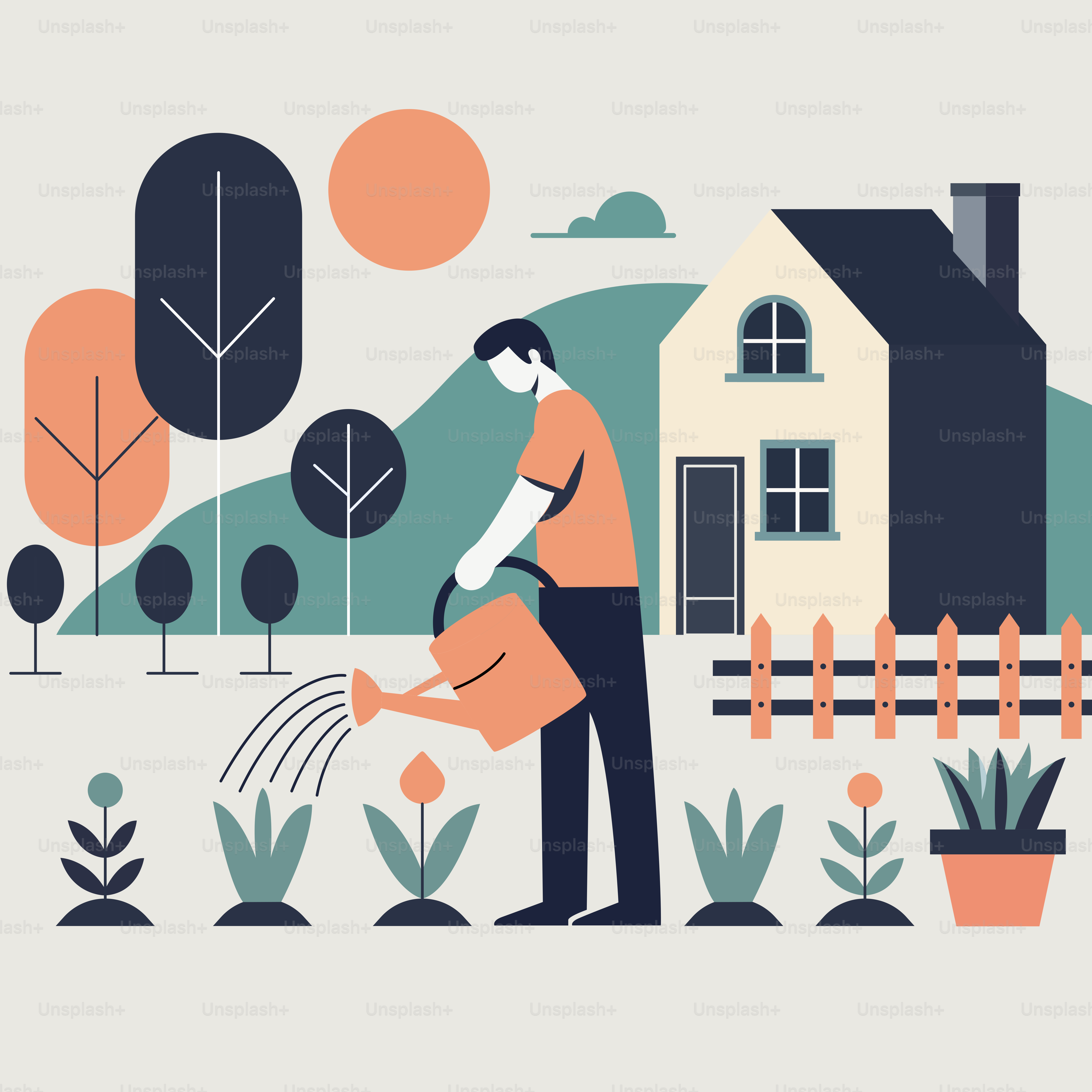 A man watering his garden with a watering hose