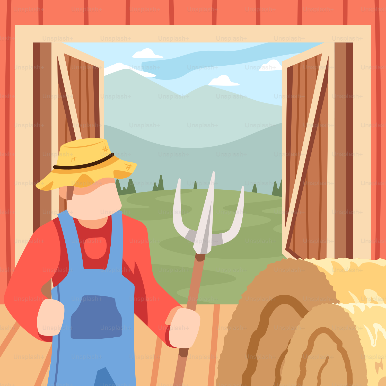A man standing in front of a barn holding a pitchfork