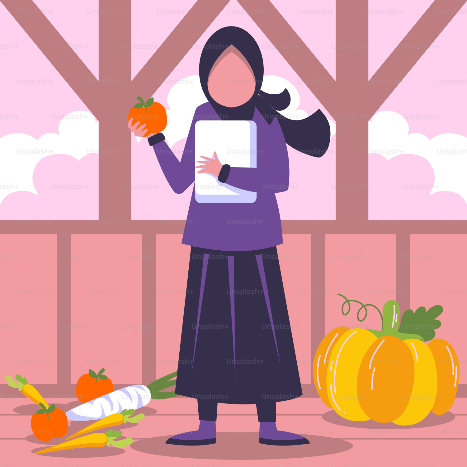 A woman holding a carrot standing next to a pile of vegetables