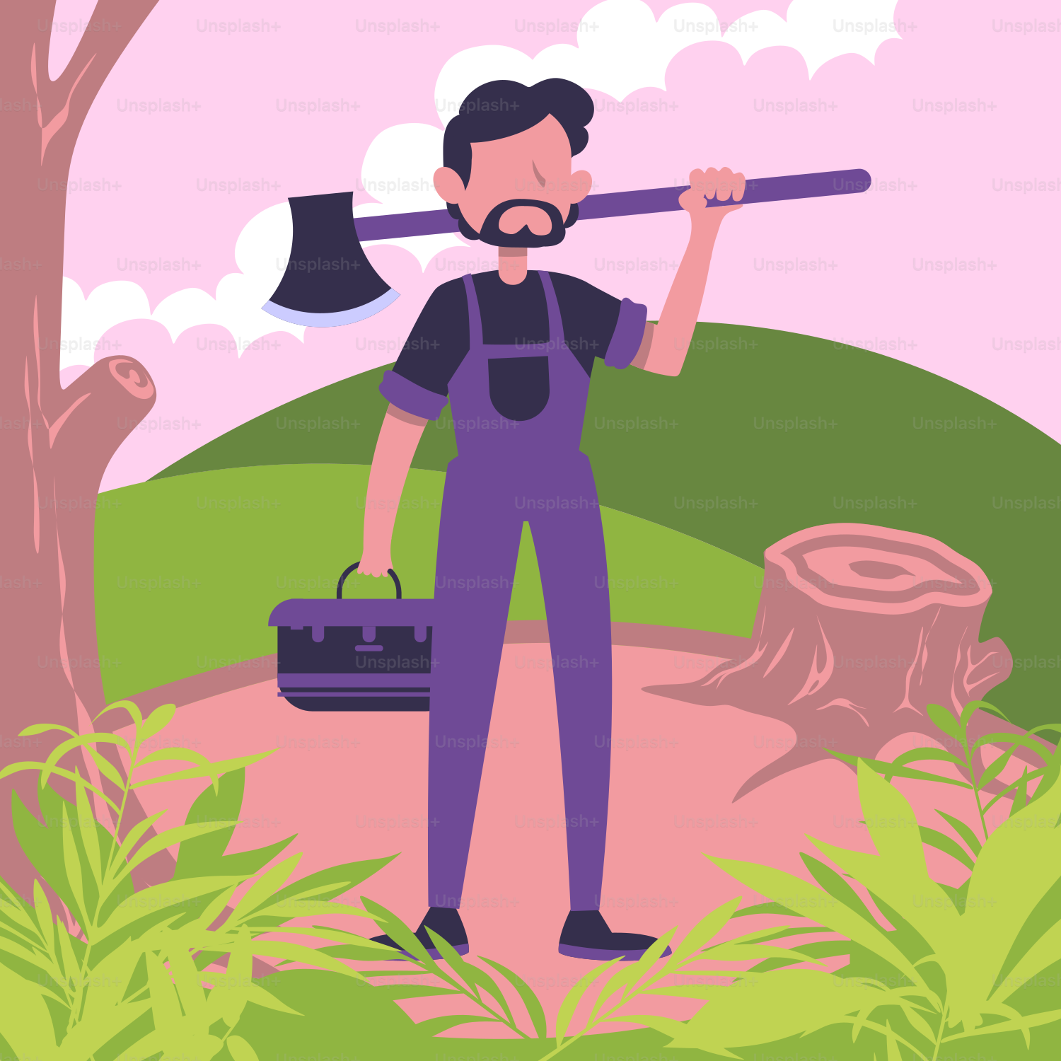 A man in overalls holding a large axe and carrying a briefcase