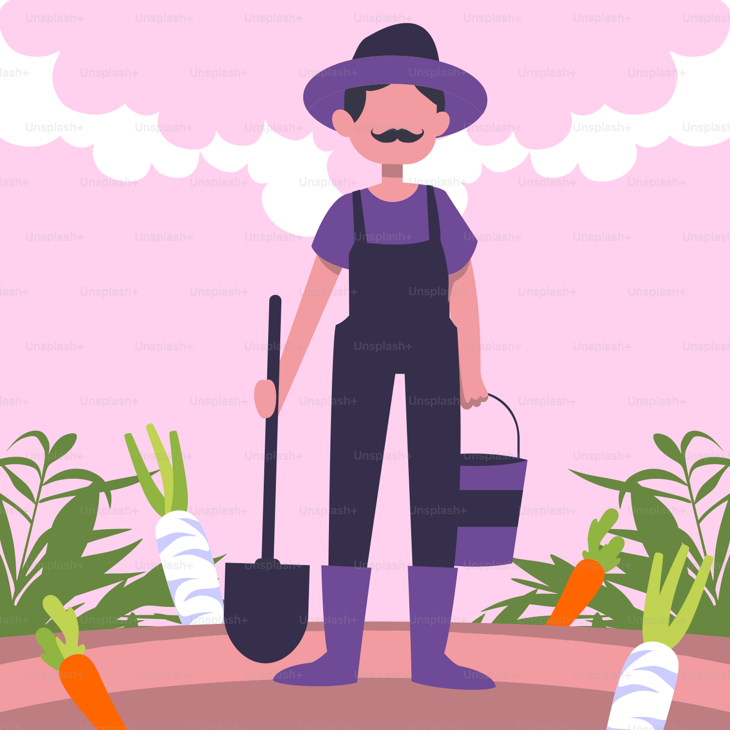 A person with a hat holding a shovel and carrots
