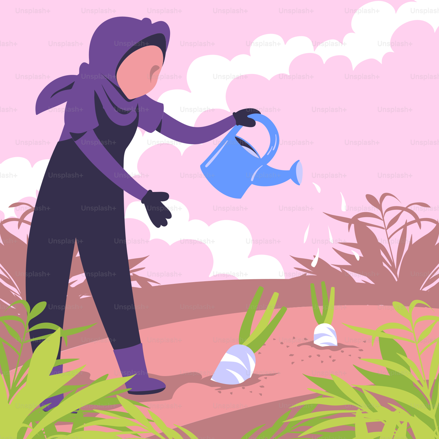 A woman in a purple suit is watering her plants