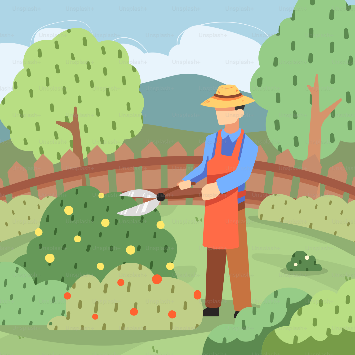 A man in an orange apron is using a garden tool