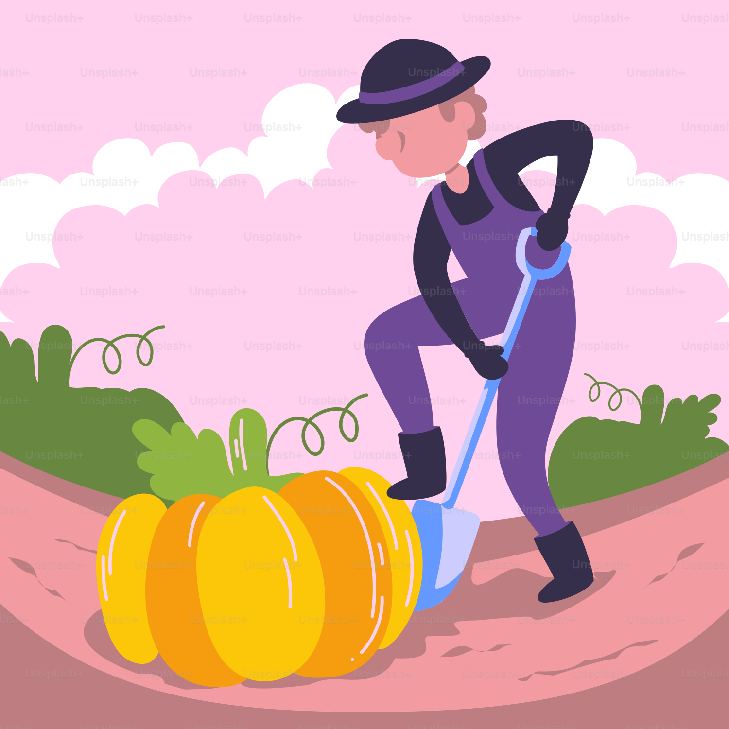 A man in a hat is shoveling a pile of pumpkins