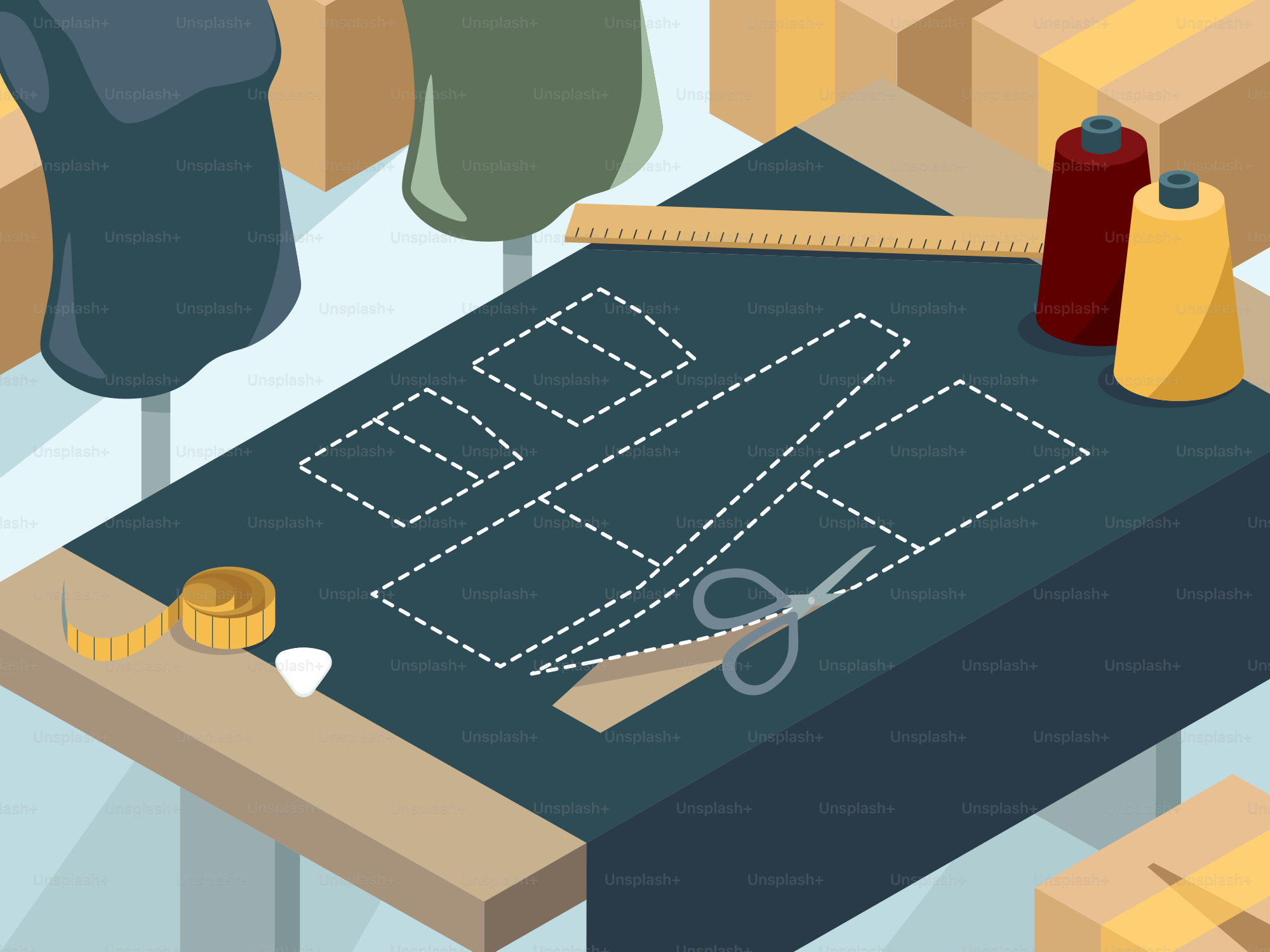 A table with scissors, thread, thread spools and other items on it
