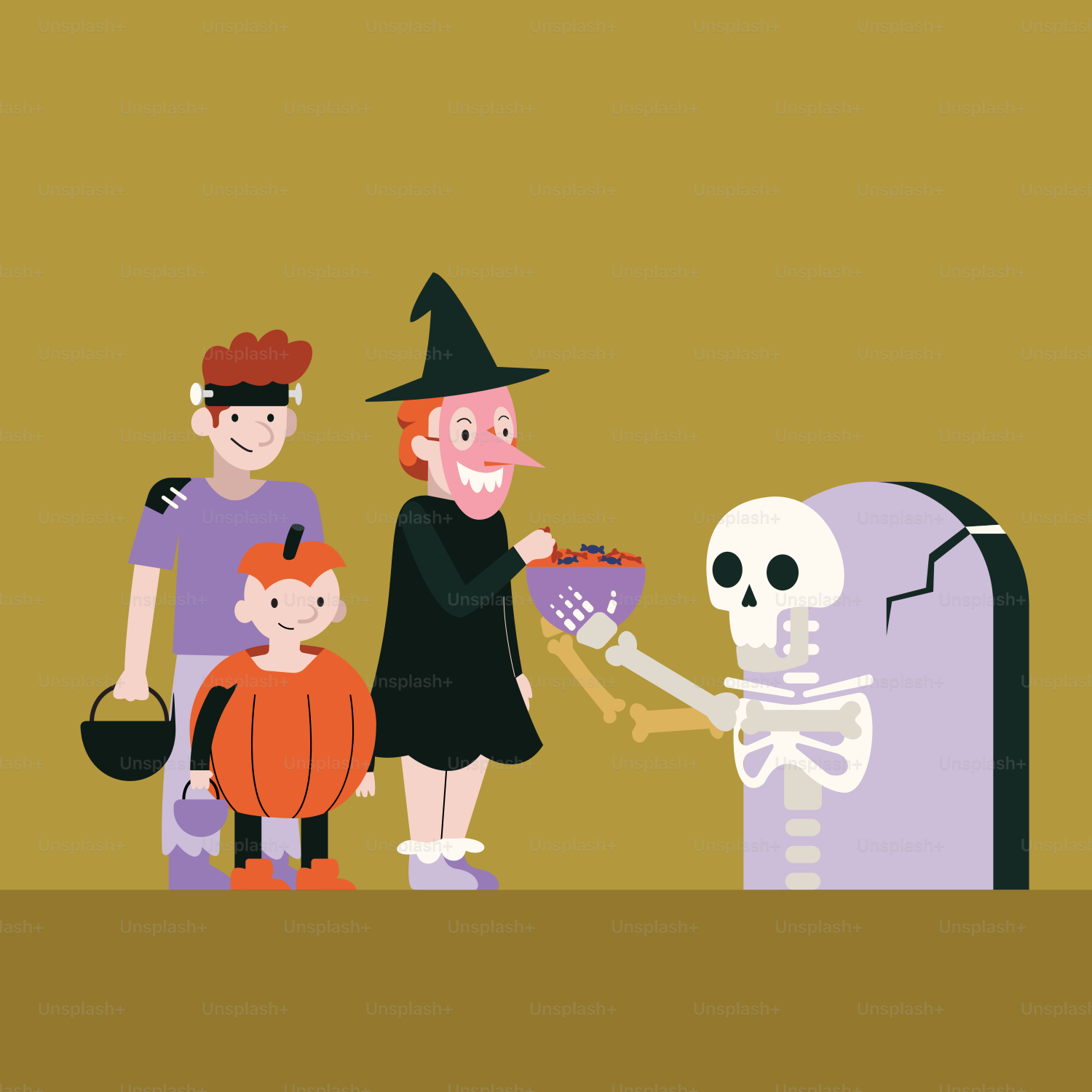 A group of people standing around a skeleton