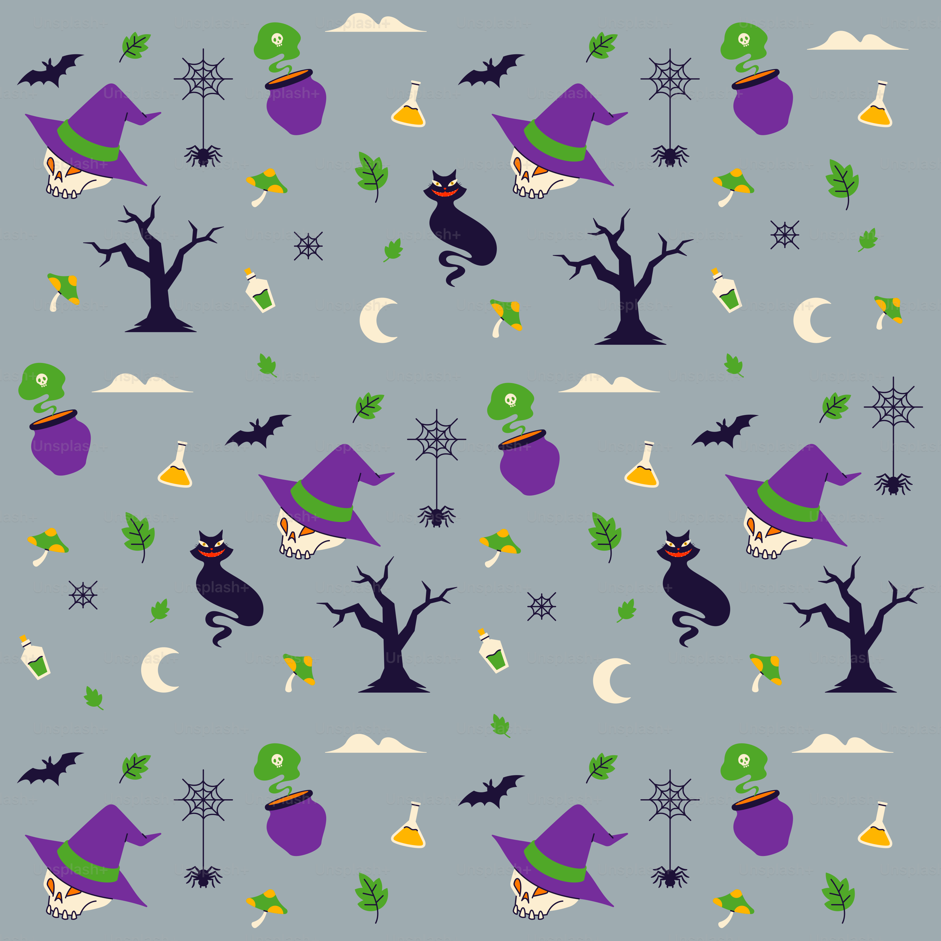 Ein Muster aus Hexen und Bäumen auf blauem Hintergrund