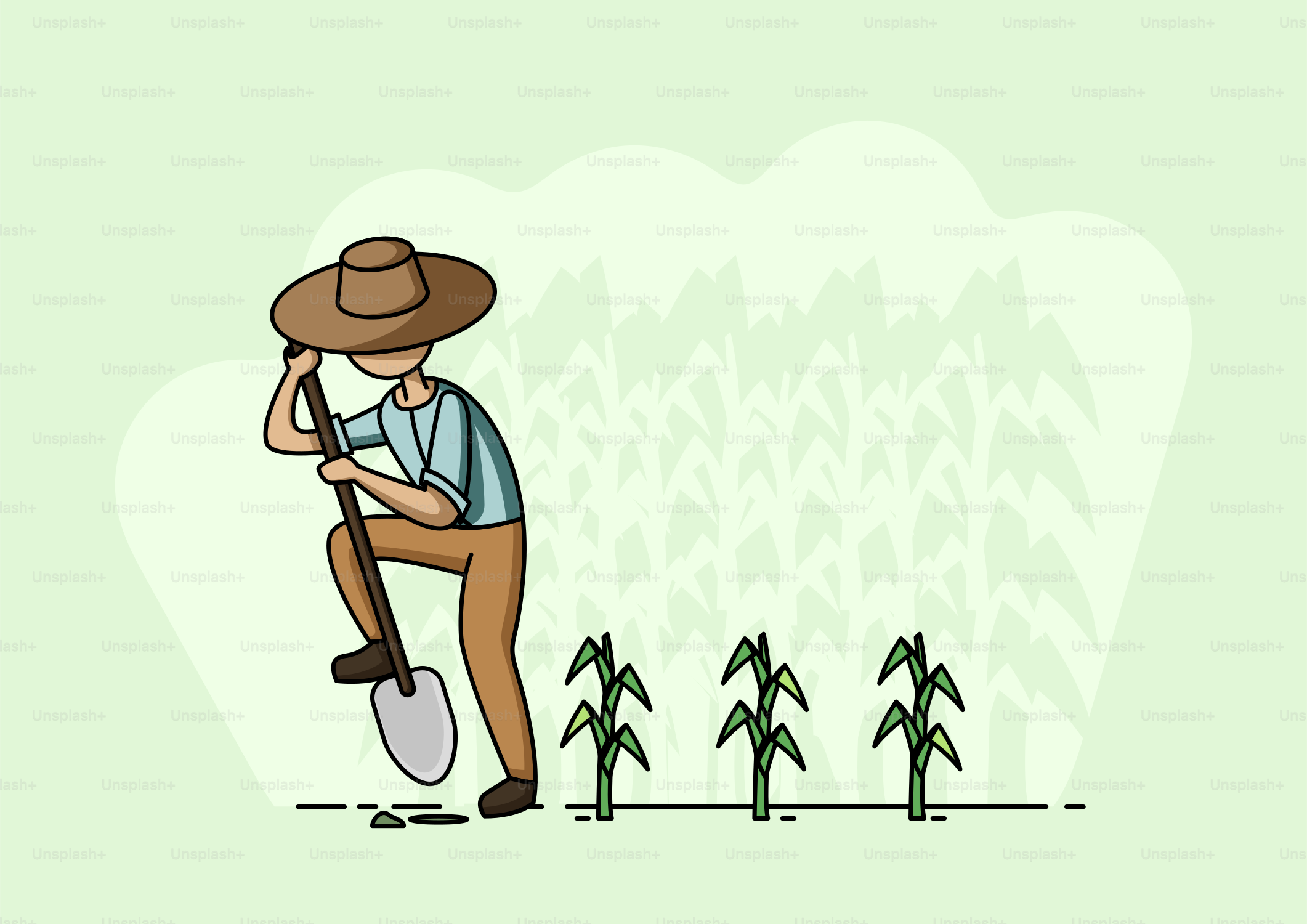 A man with a shovel is standing in front of a row of trees