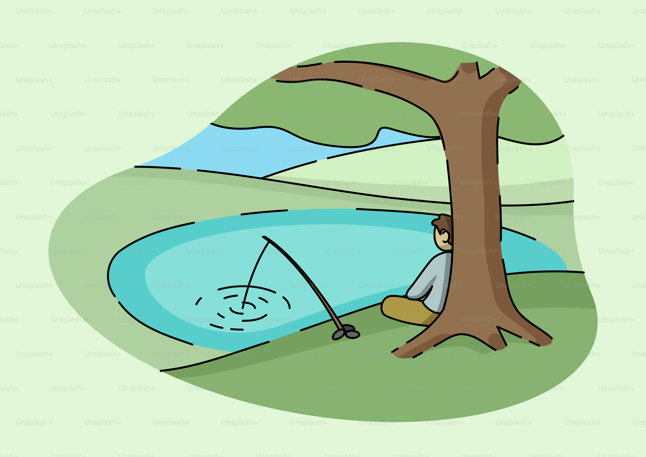 Un hombre sentado bajo un árbol junto a un lago