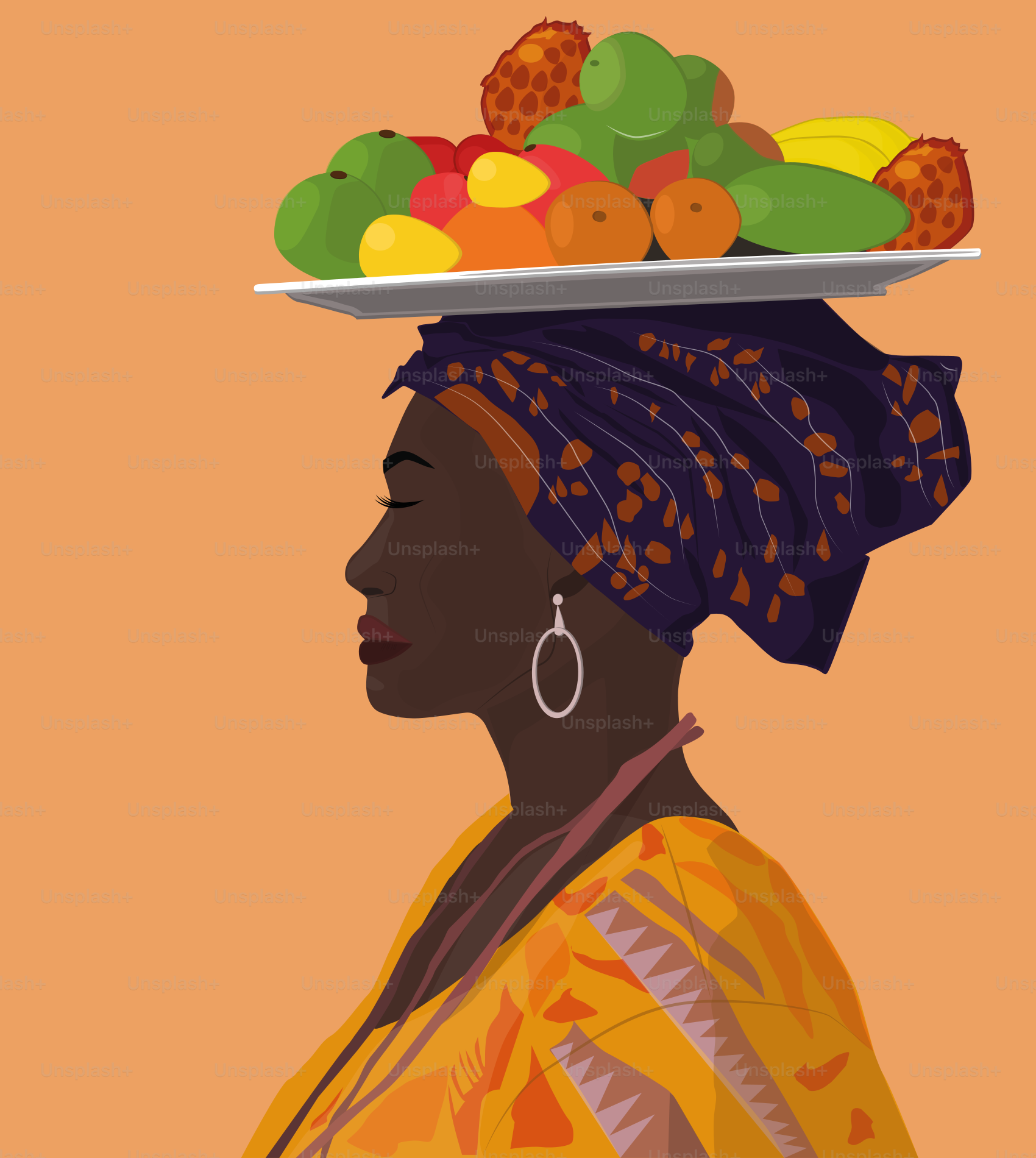 A woman with a tray of fruit on her head