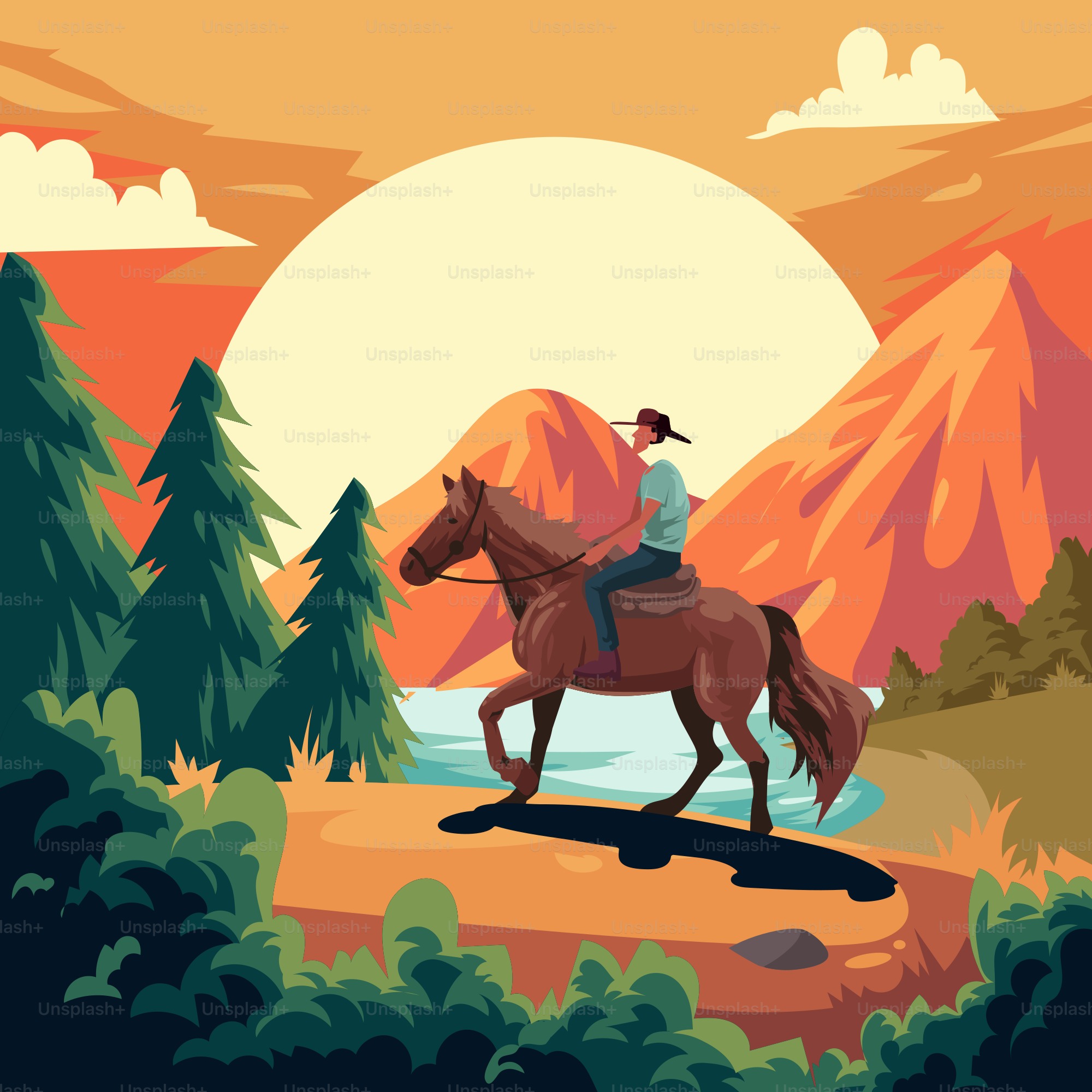 A man riding a horse through a forest