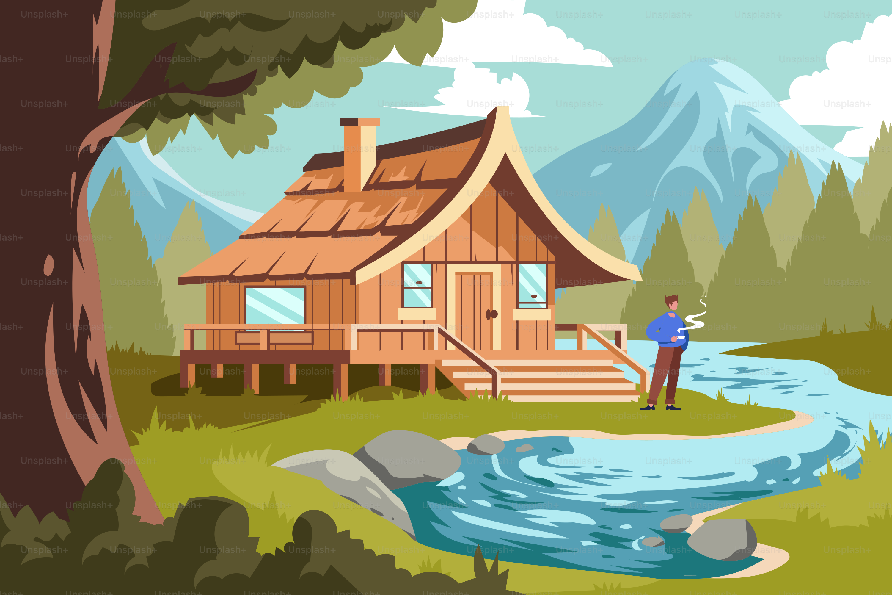 A man standing in front of a cabin next to a river