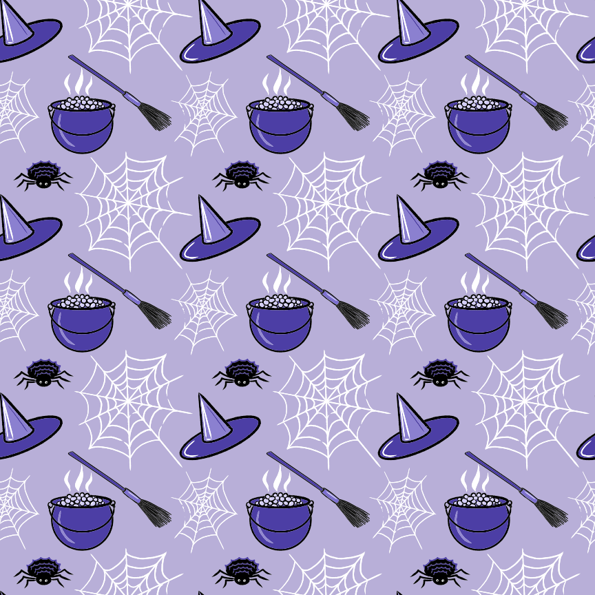 Ein lila-weißes Muster mit einem Hexenhut und einem Besen