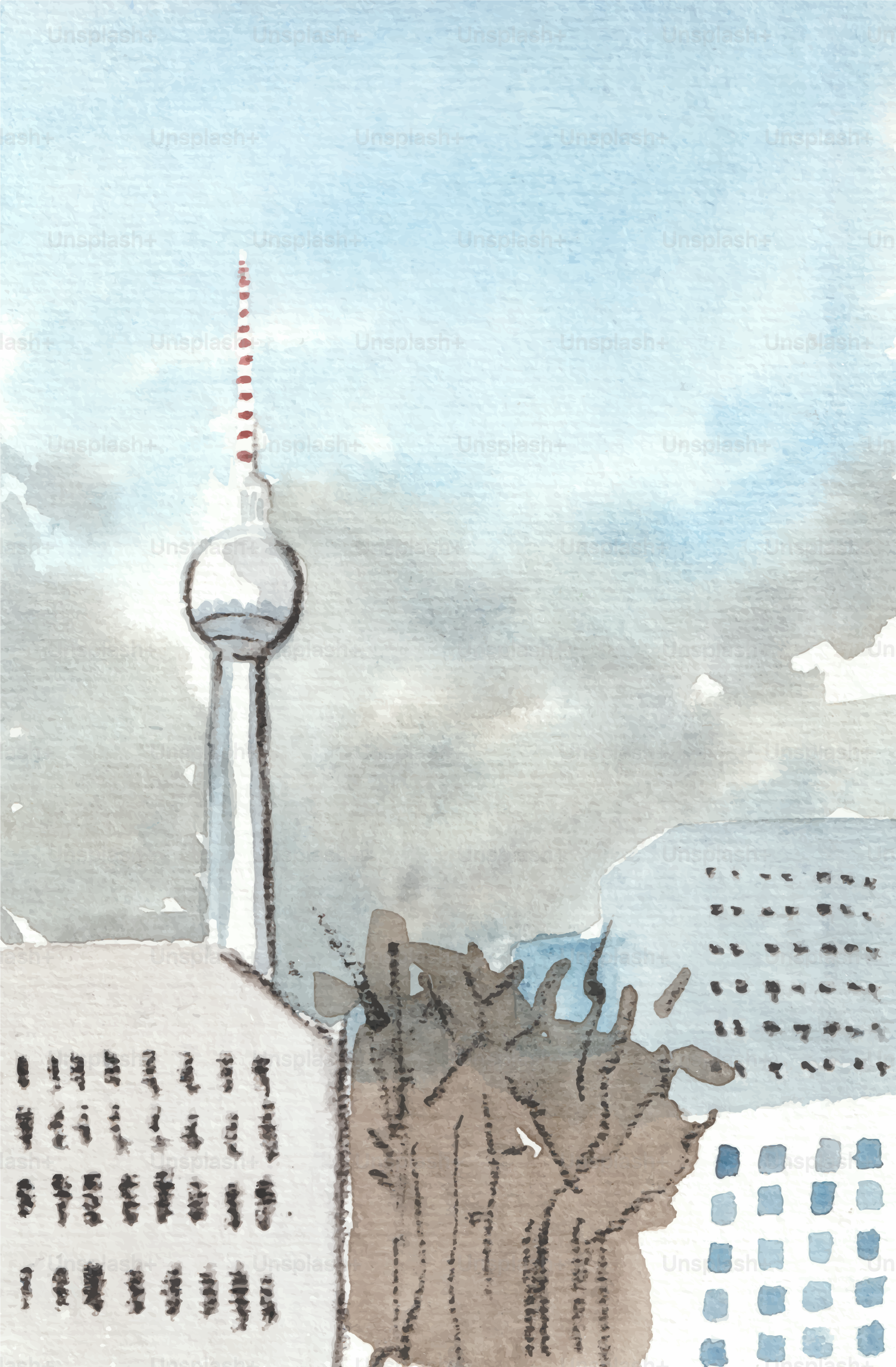 Une aquarelle représentant la silhouette d’une ville