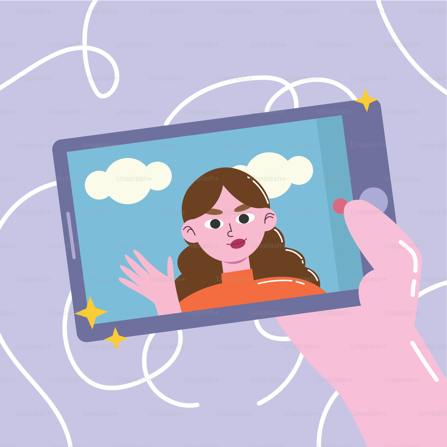 A hand holding a tablet with a picture of a girl on it